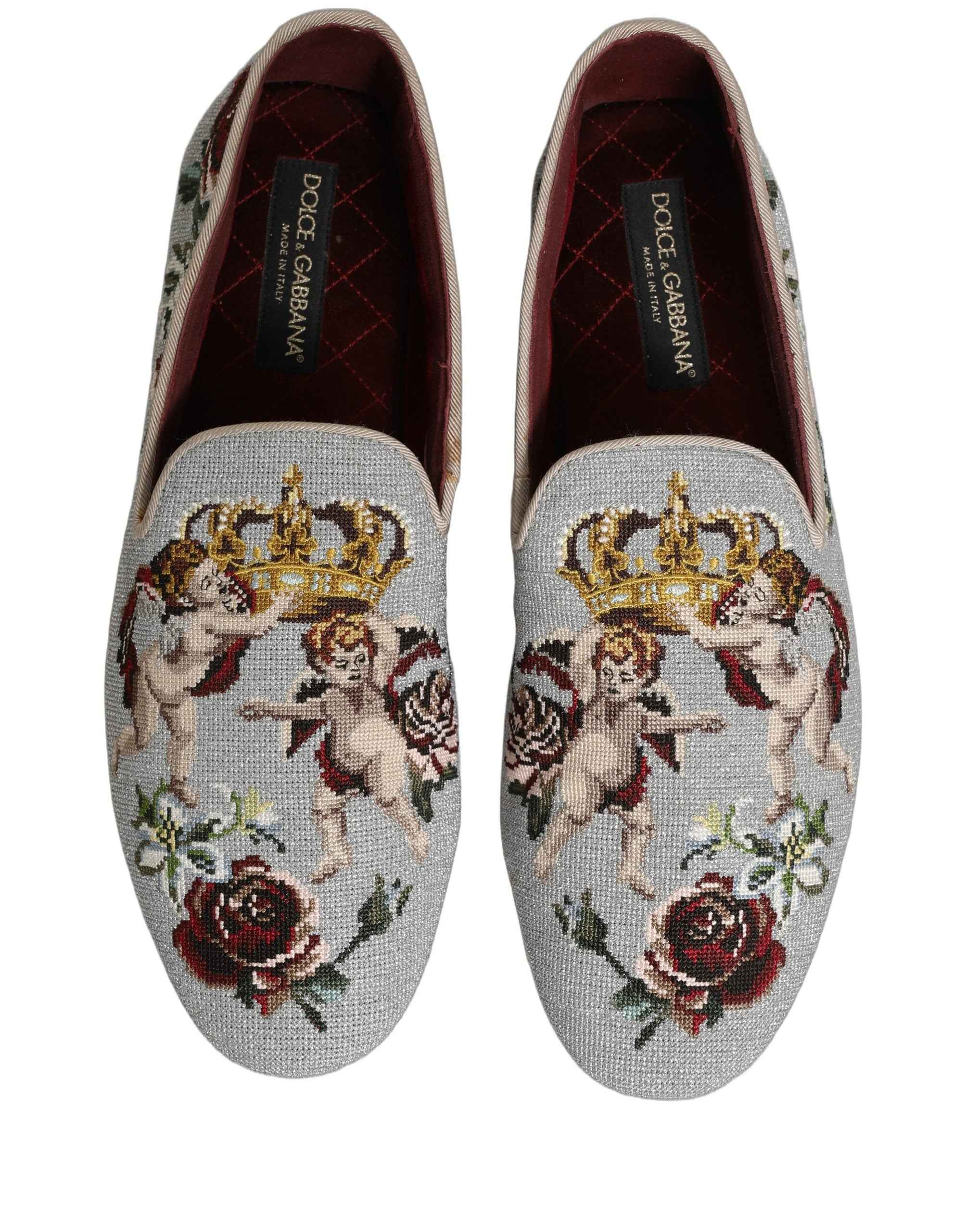 Dolce & Gabbana Gray Crown Rose Angel Embroidery Loafer Shoes