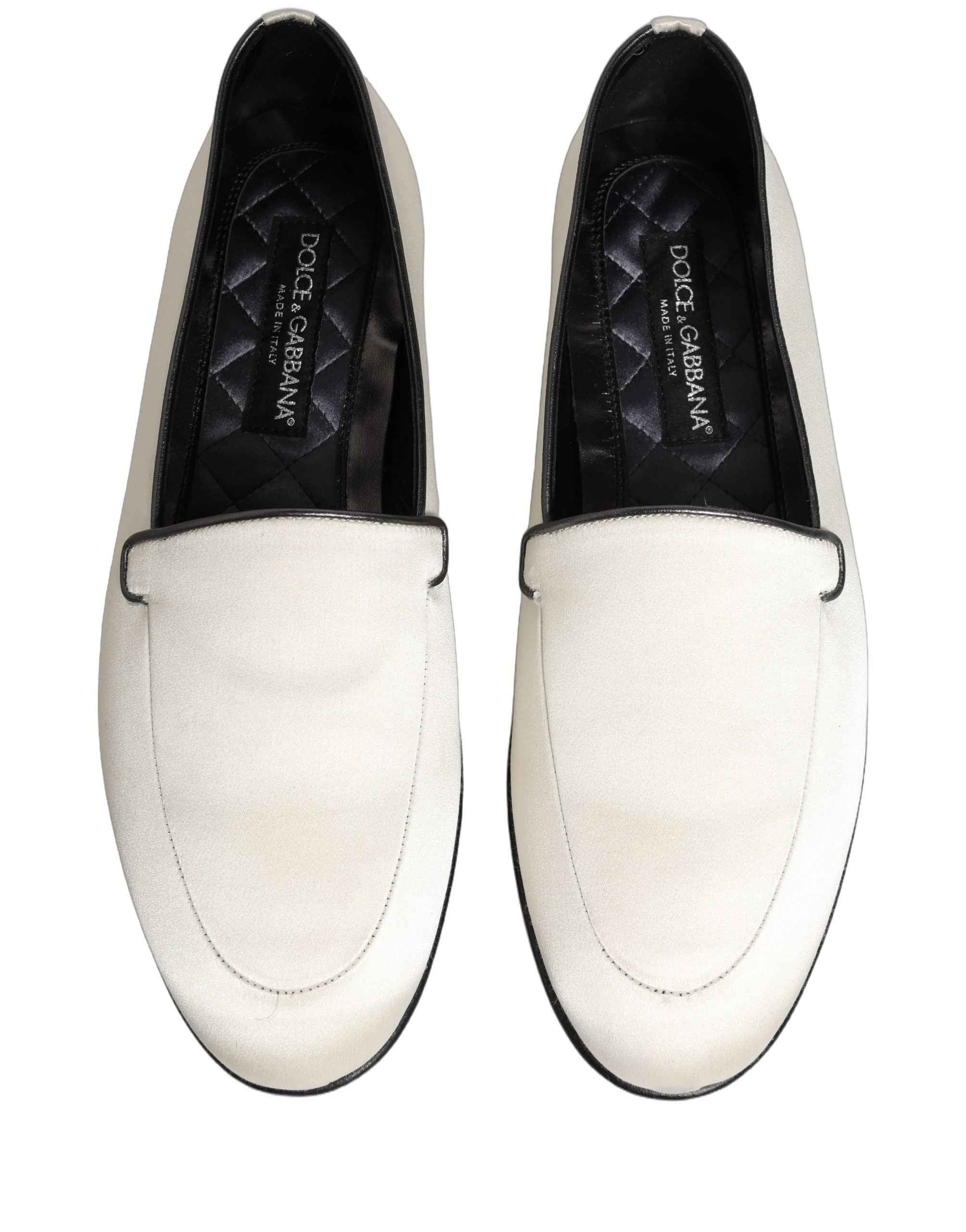 Dolce & Gabbana White Satin Logo Slip On Flats Loafers Shoes