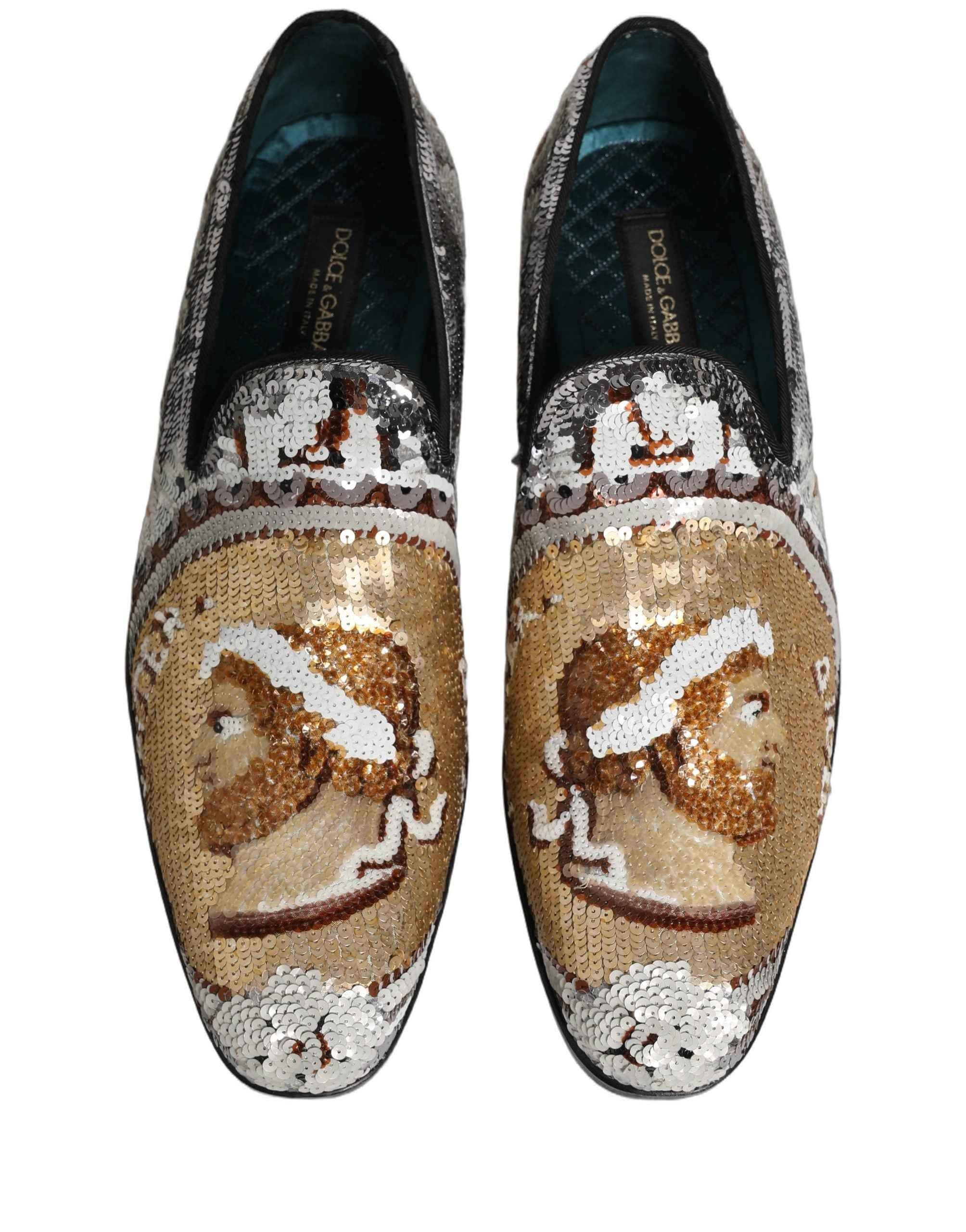 Dolce & Gabbana White Gold Sequined Slip On Loafers Shoes