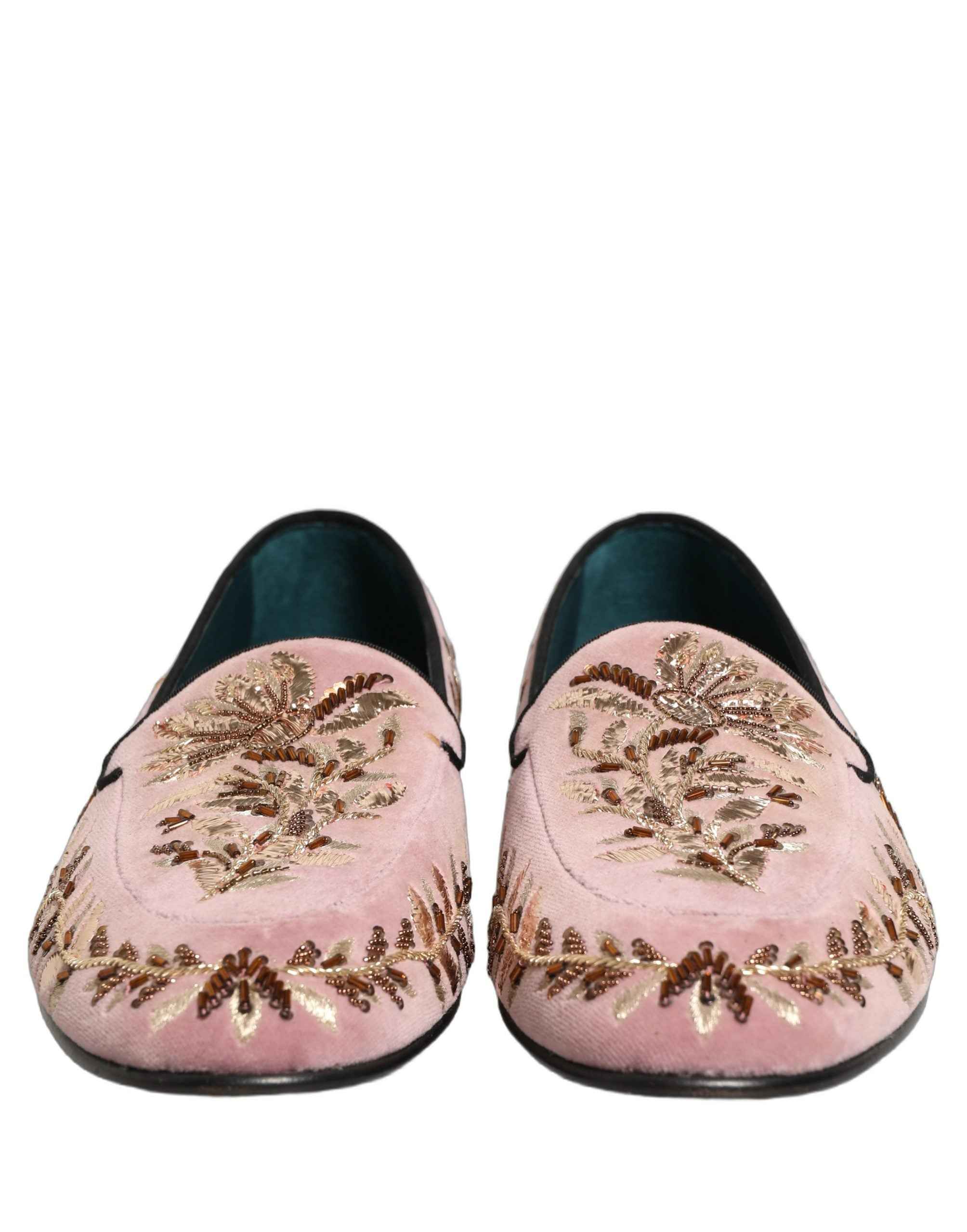 Dolce & Gabbana Pink Velvet Floral Embroidery Loafers Shoes
