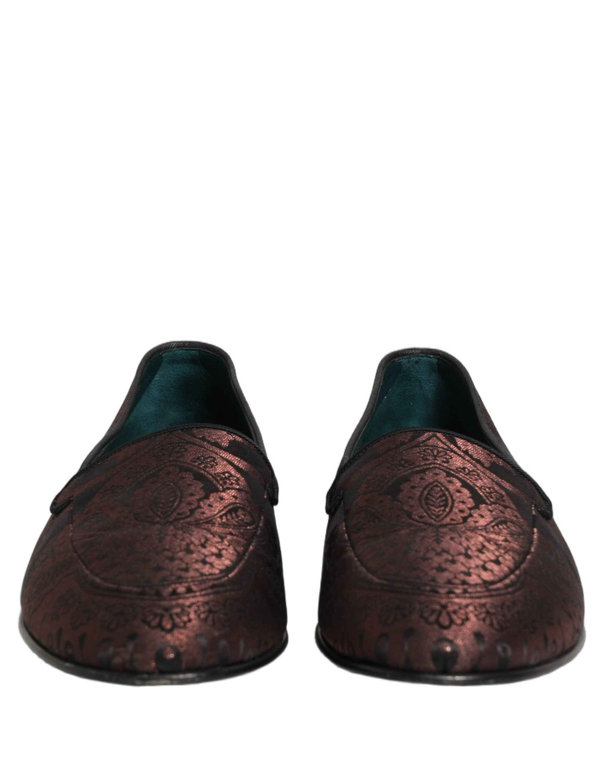 Dolce & Gabbana Maroon Jacquard Leather Slip On Loafers Shoes