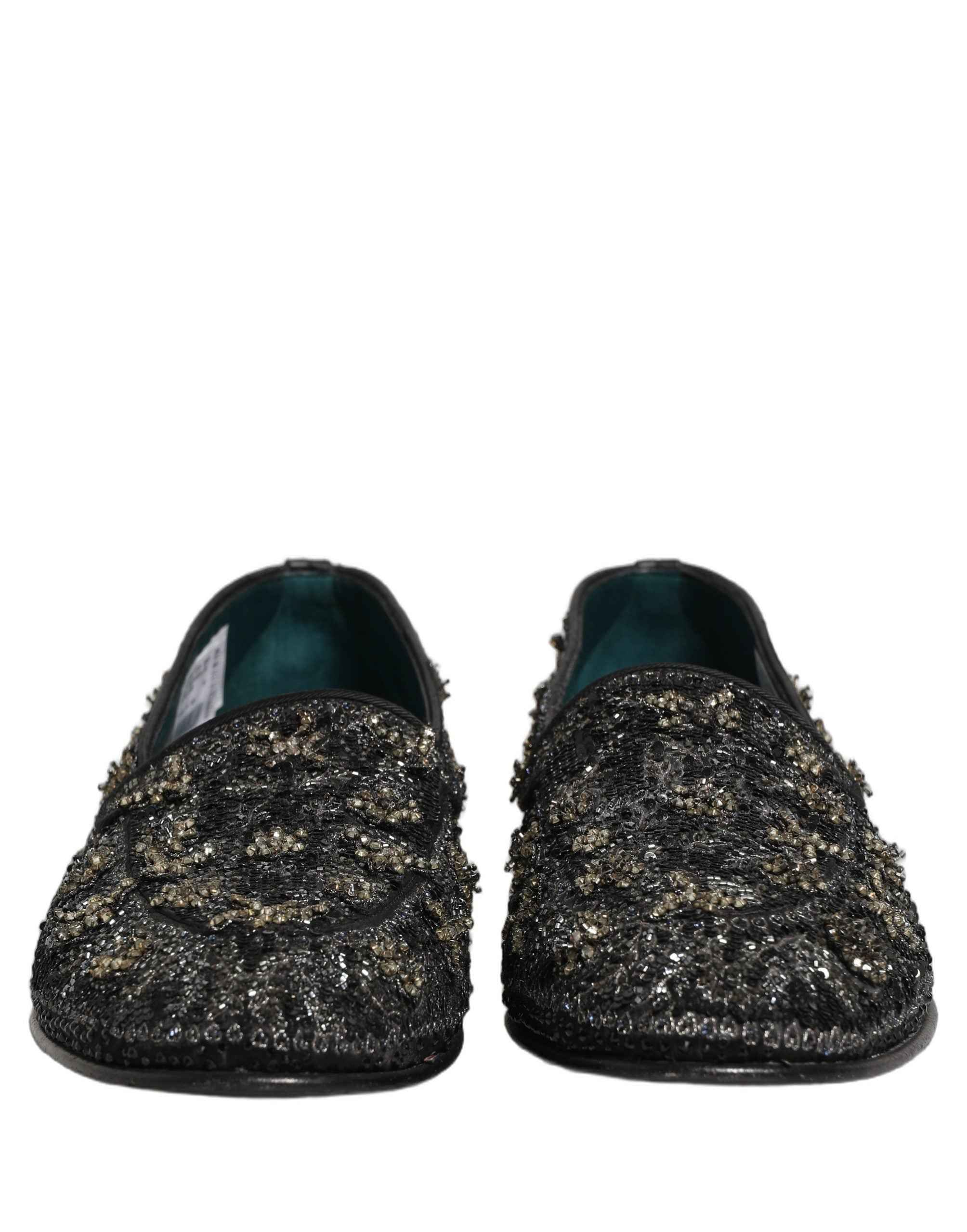 Dolce & Gabbana Black Rhinestone Embellished Loafers Shoes
