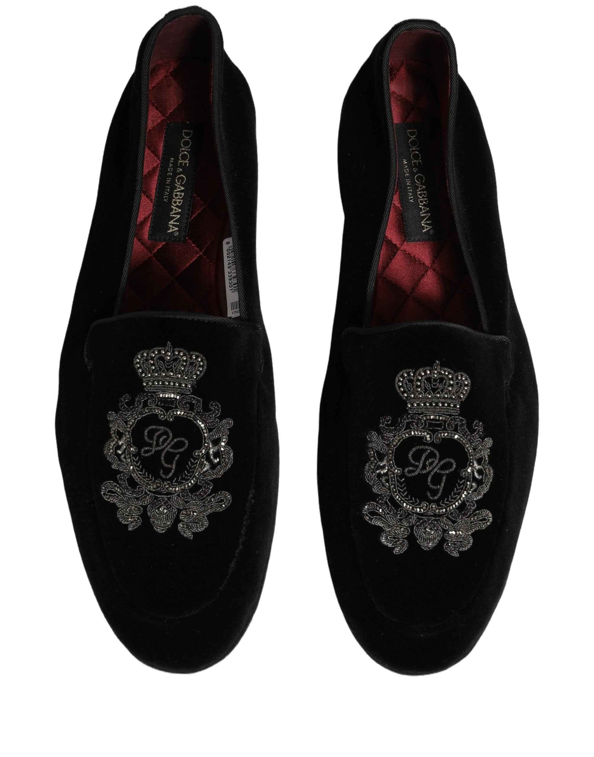 Dolce & Gabbana Black Velvet Crown Embroidery Loafers Shoes