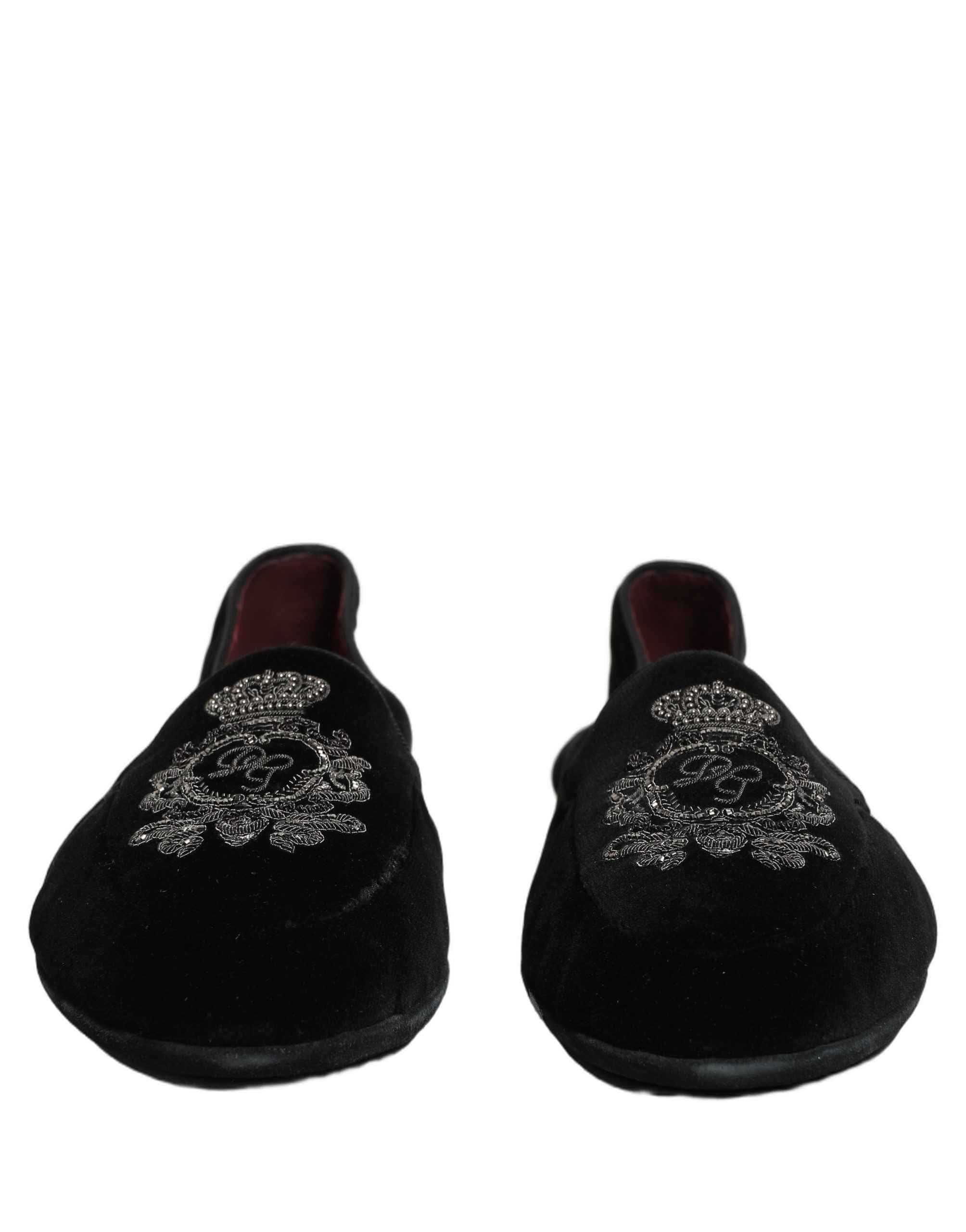 Dolce & Gabbana Black Velvet Crown Embroidery Loafers Shoes