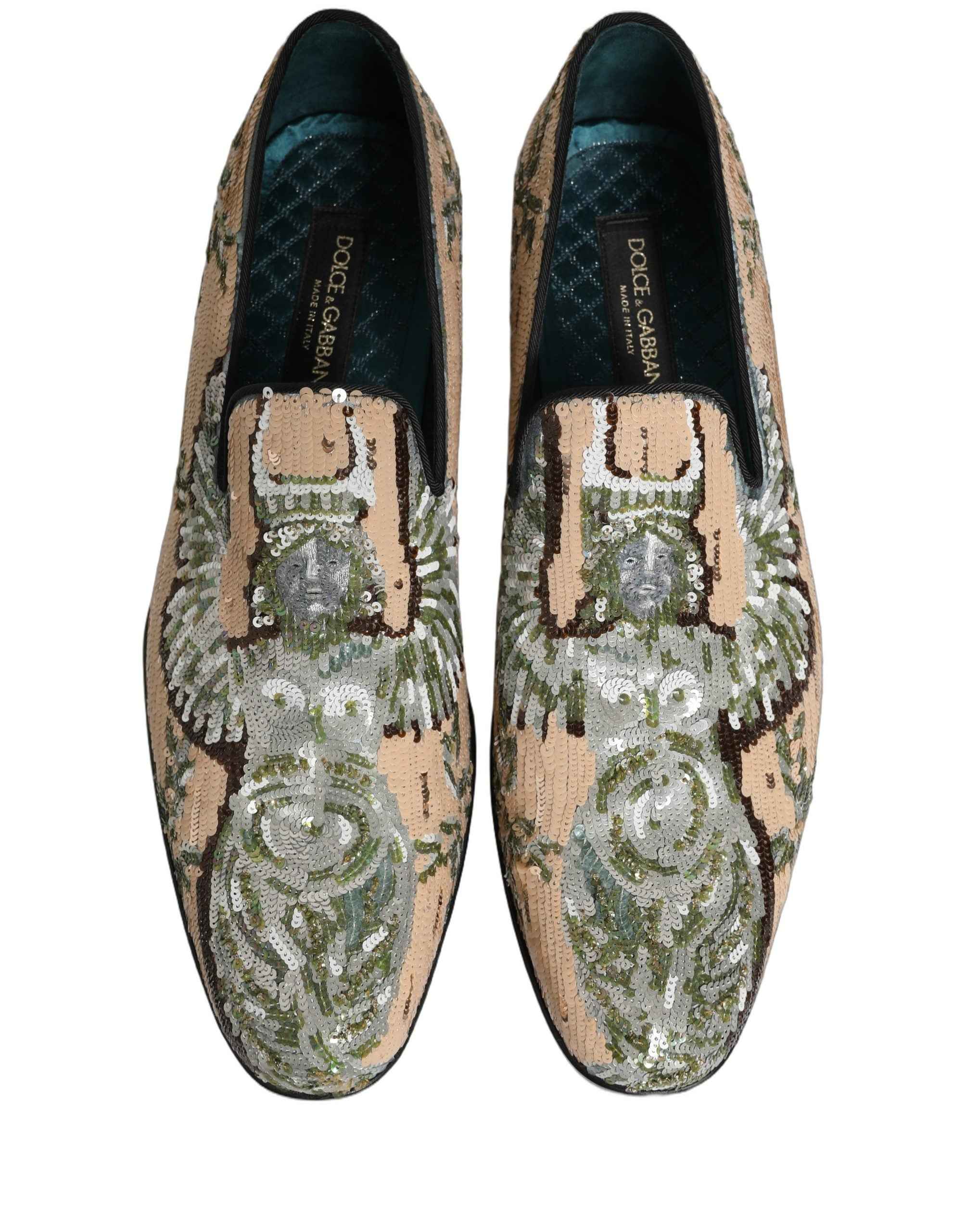 Dolce & Gabbana Beige Sequin Embroidery Dress Loafers Shoes