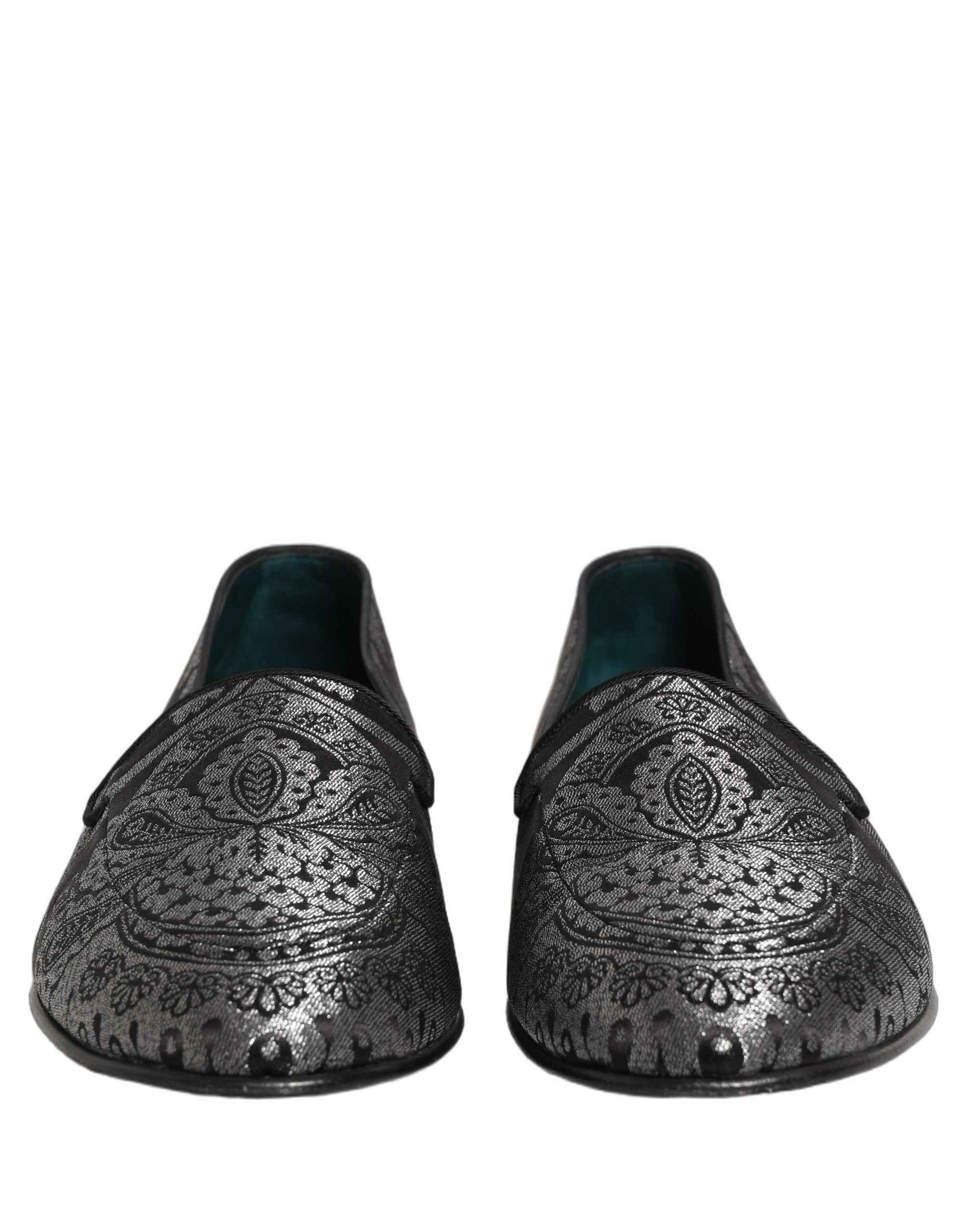 Dolce & Gabbana Silver Jacquard Leather Slip On Loafers Shoes