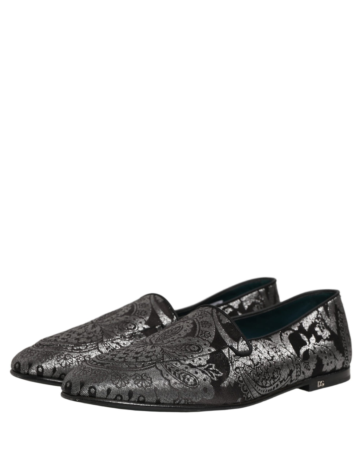 Dolce & Gabbana Silver Jacquard Leather Slip On Loafers Shoes