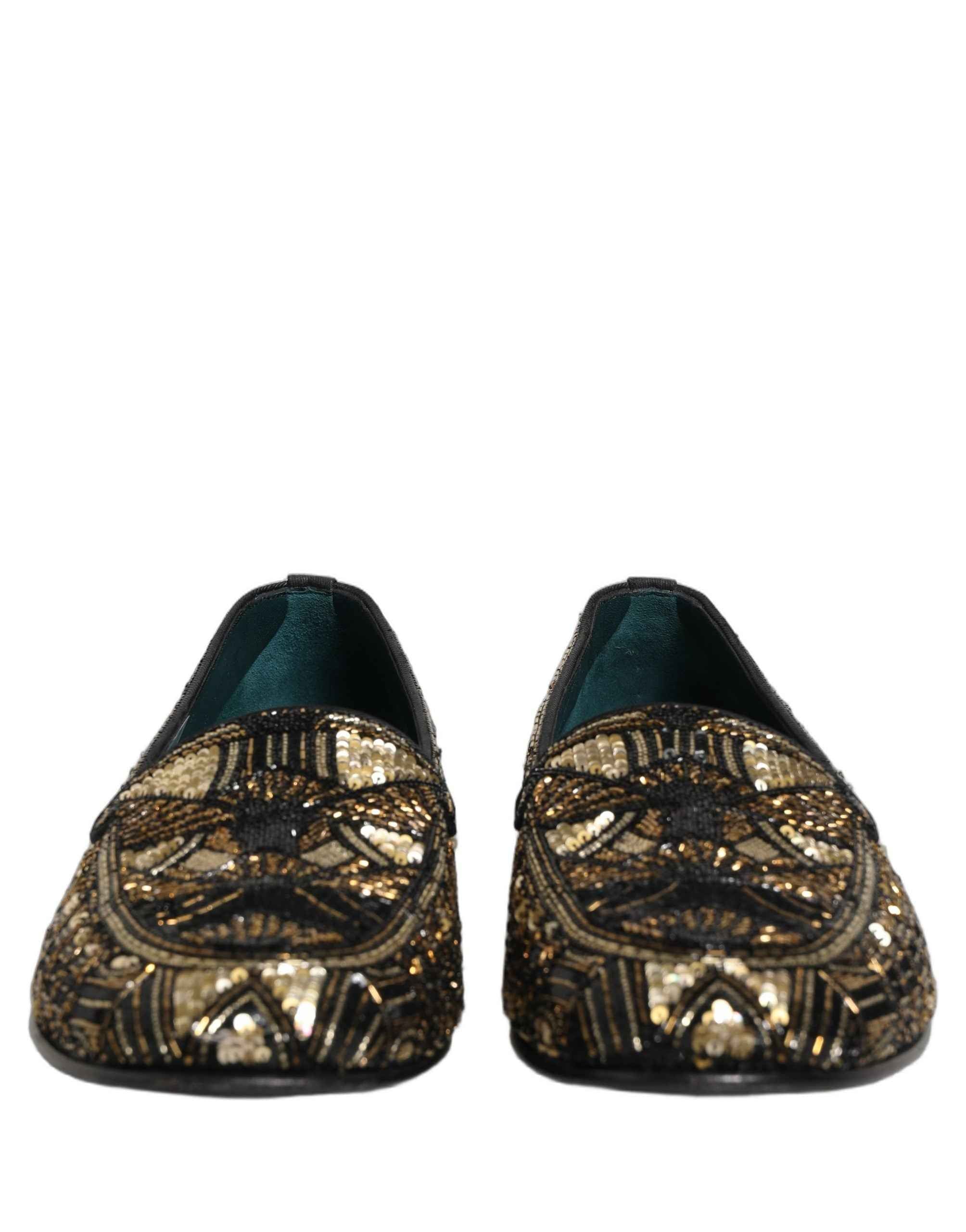 Dolce & Gabbana Black Gold Embellished Slip On Loafers Shoes