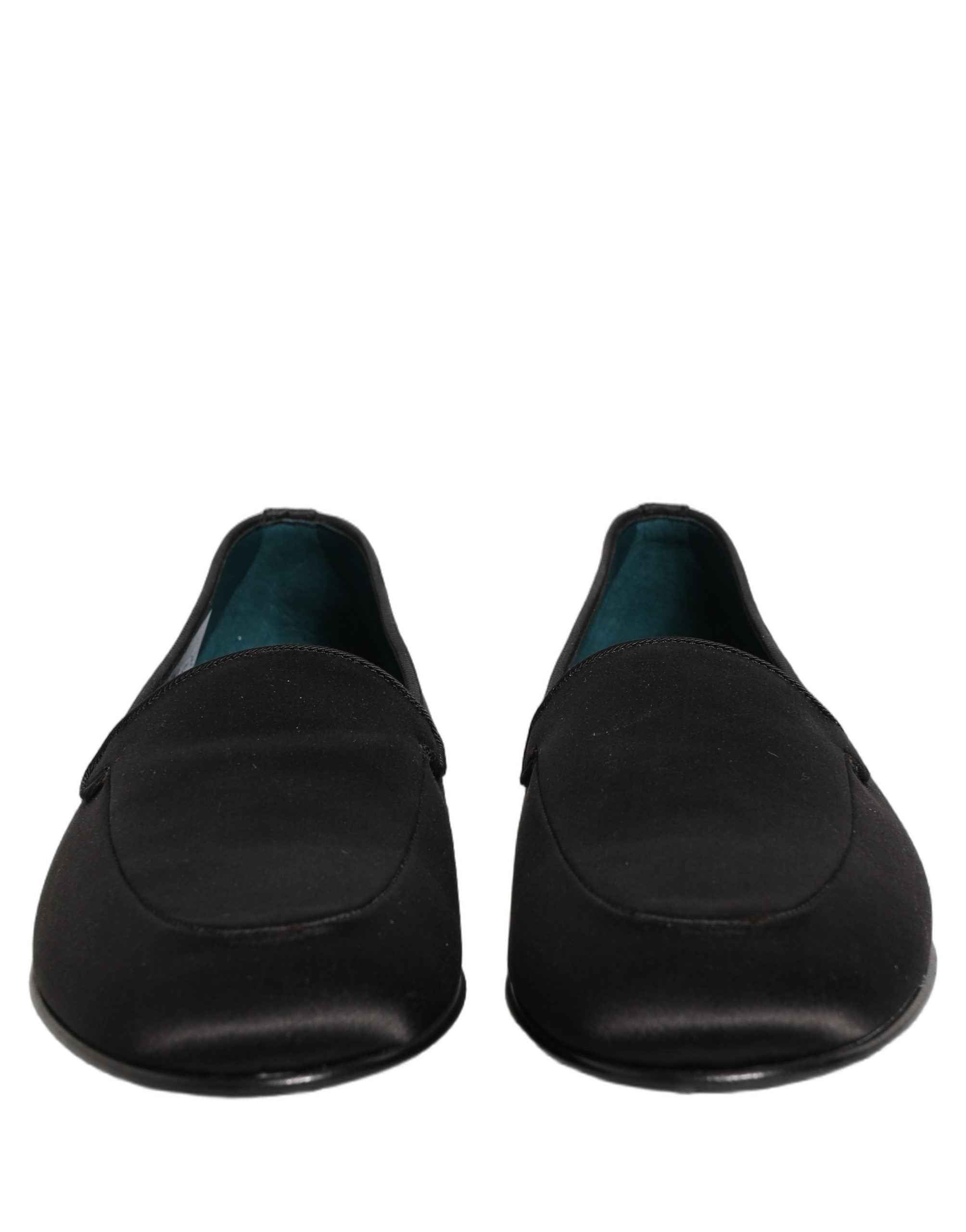 Dolce & Gabbana Black Satin Logo Slip On Flats Loafers Shoes