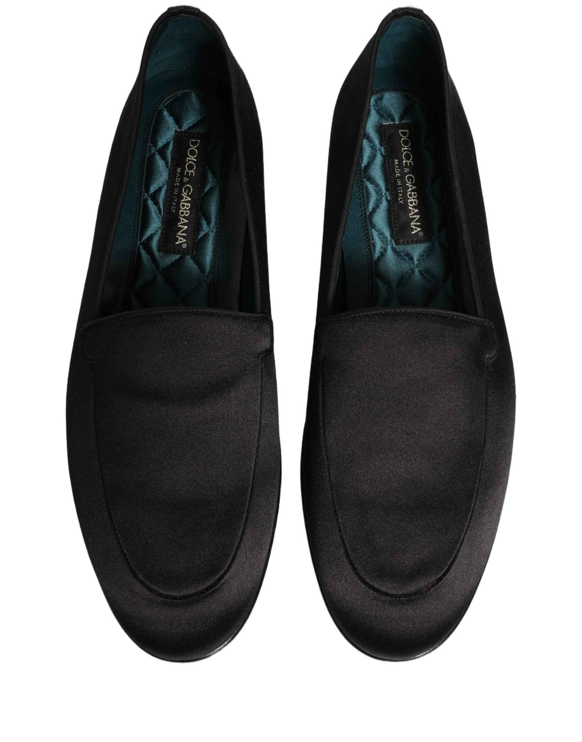 Dolce & Gabbana Black Satin Logo Slip On Flats Loafers Shoes