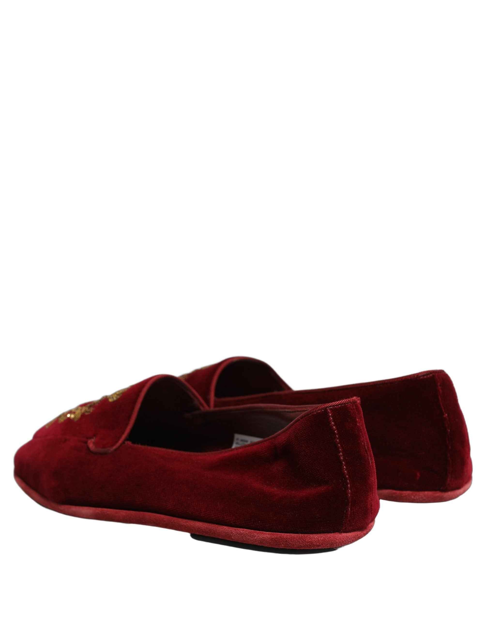 Dolce & Gabbana Maroon Velvet Crown Embroidery Loafers Shoes