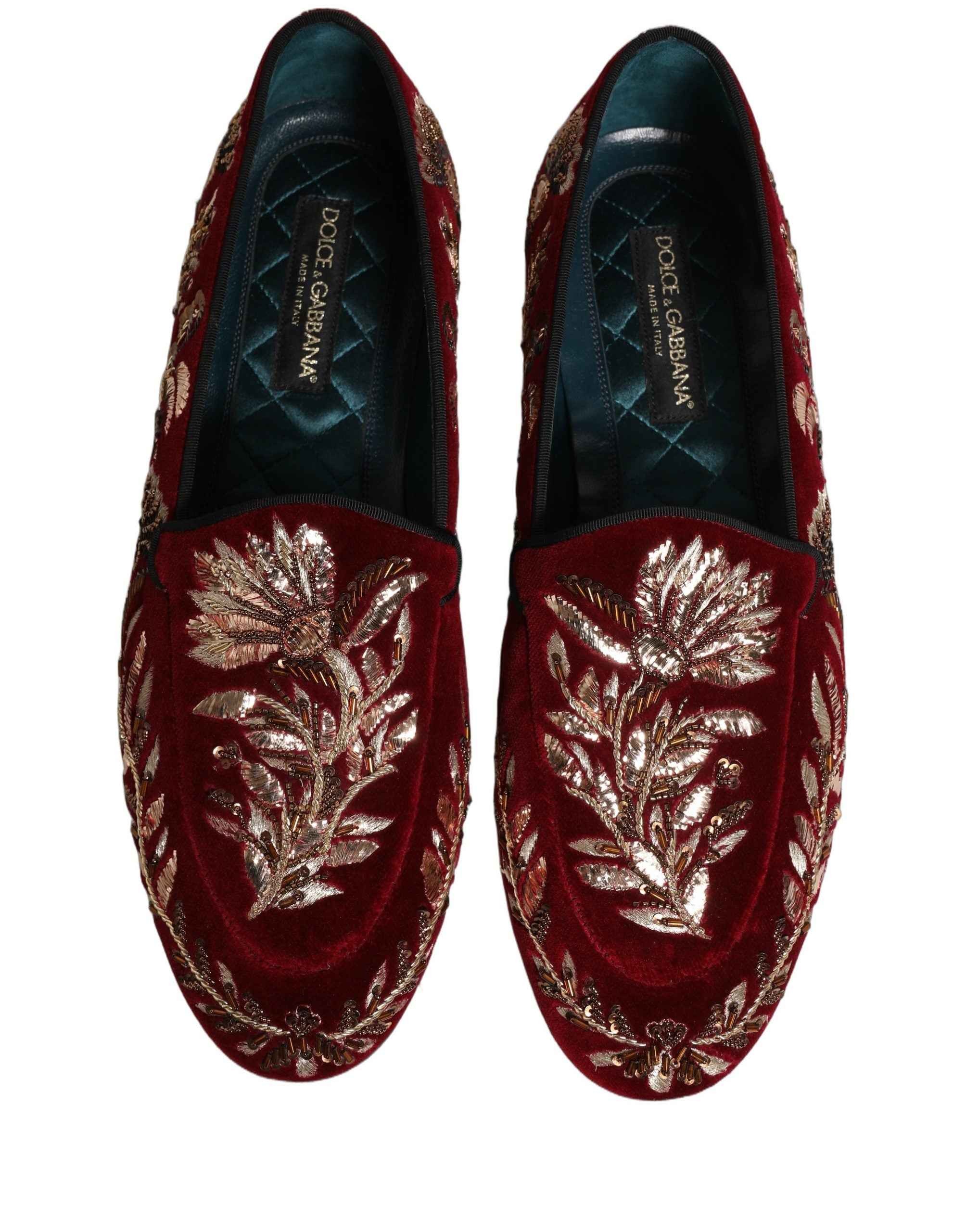 Dolce & Gabbana Red Velvet Floral Embroidery Loafers Shoes