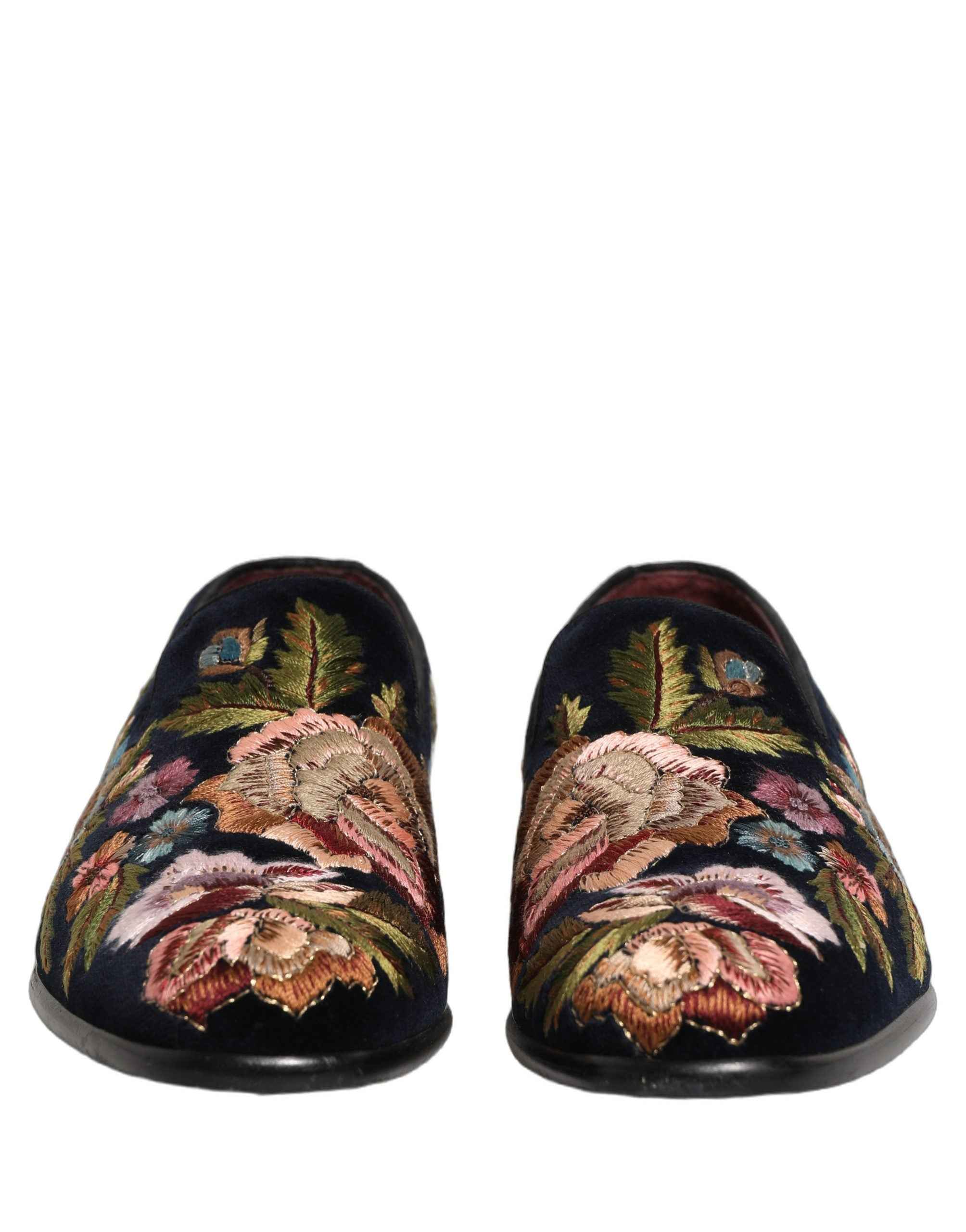 Dolce & Gabbana Black Velvet Floral Embroidery Loafers Shoes