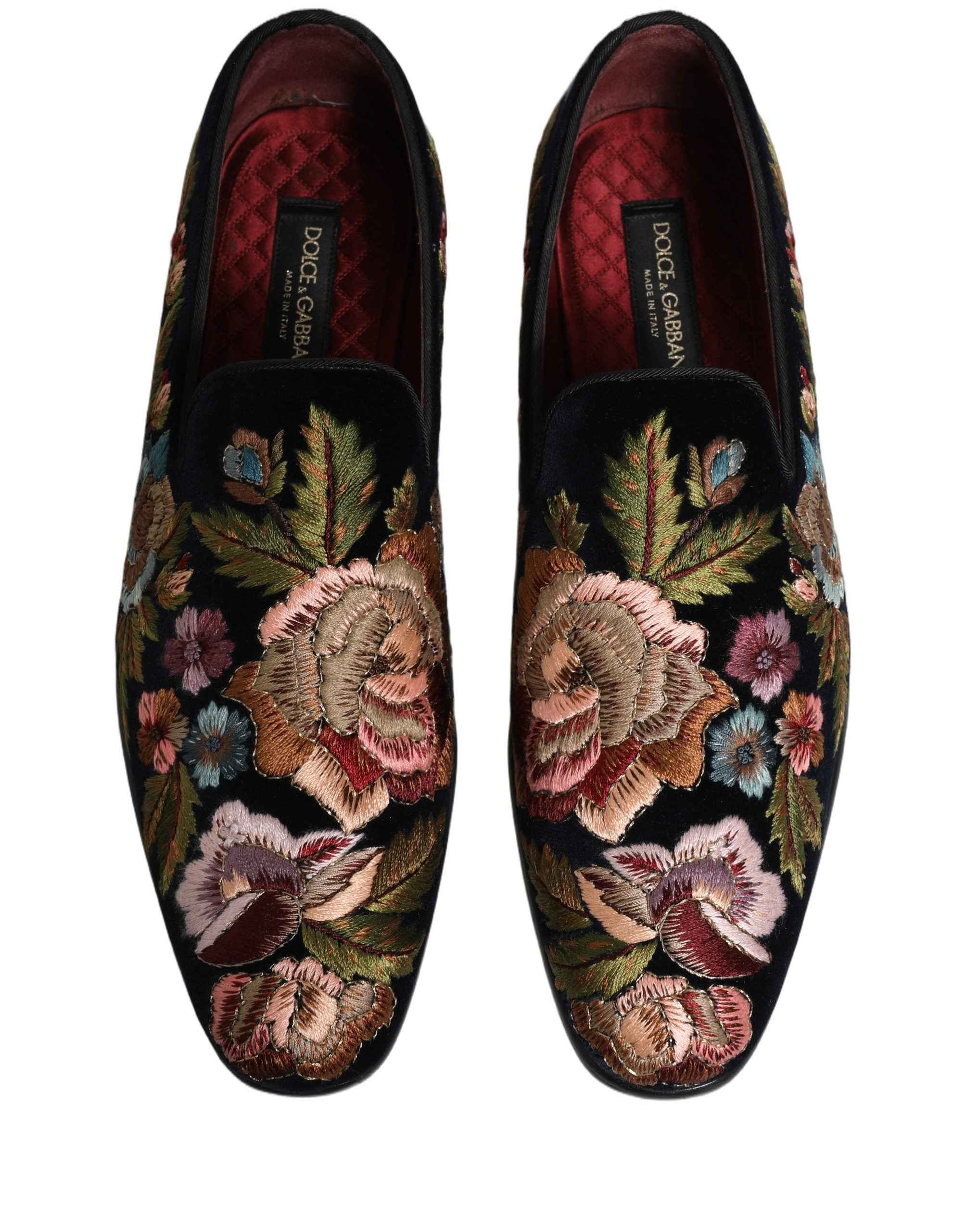 Dolce & Gabbana Black Velvet Floral Embroidery Loafers Shoes