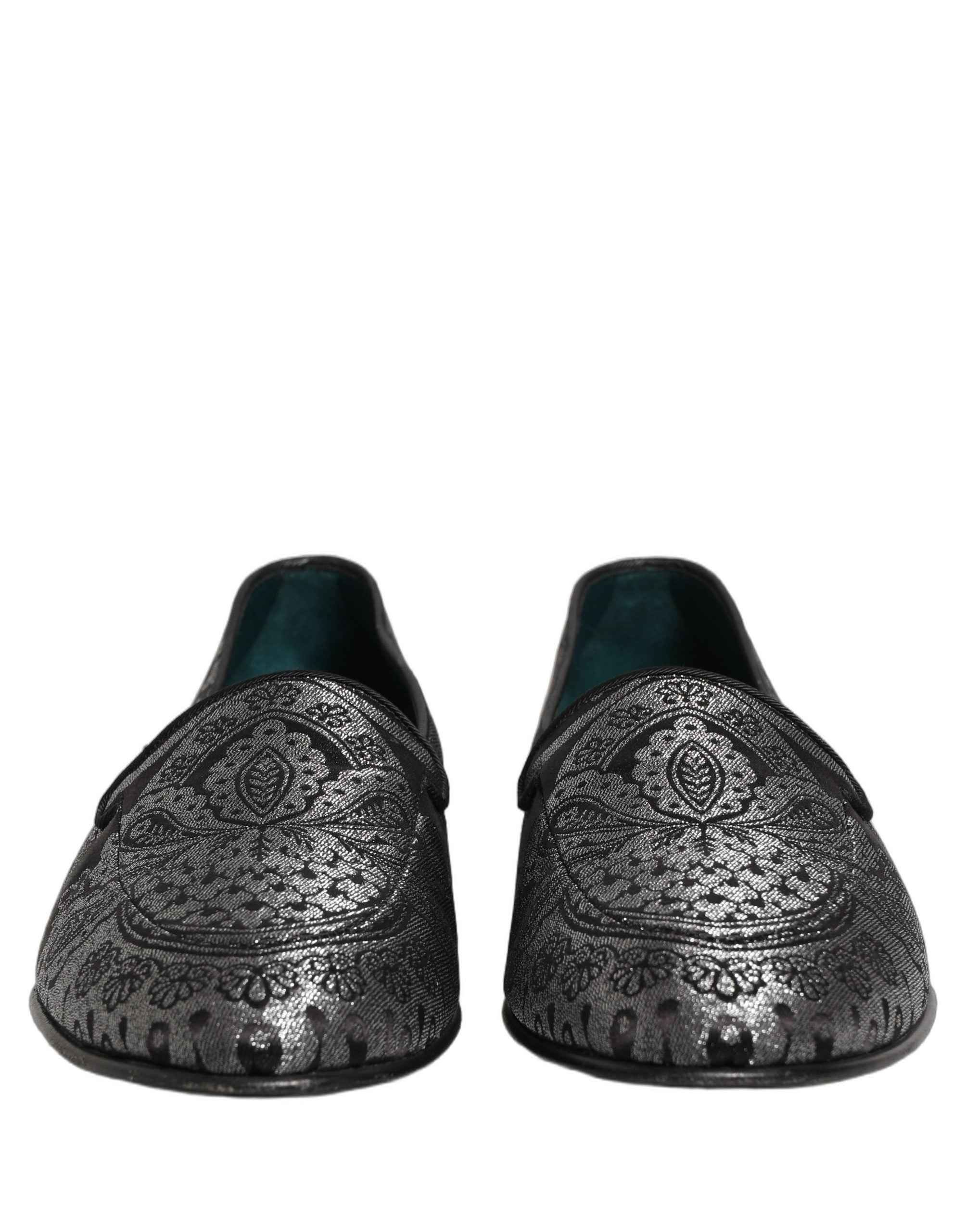 Dolce & Gabbana Silver Jacquard Leather Slip On Loafers Shoes
