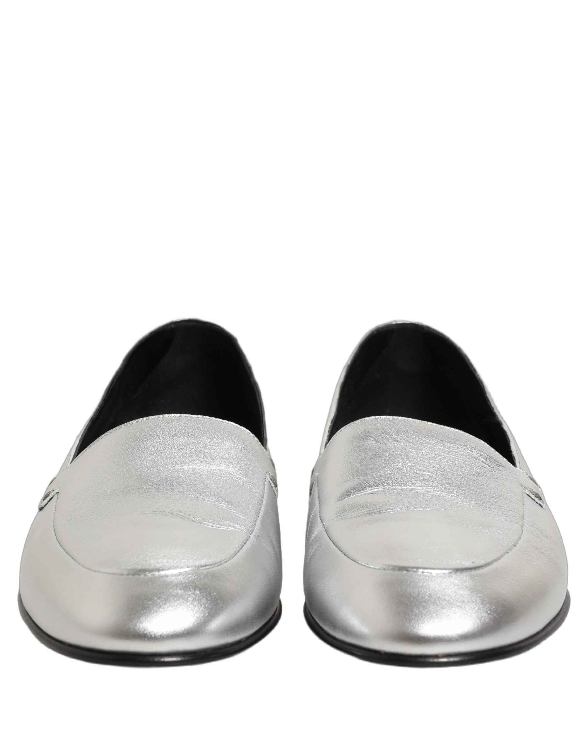 Dolce & Gabbana Silver Leather DG Logo Slip On Loafers Shoes