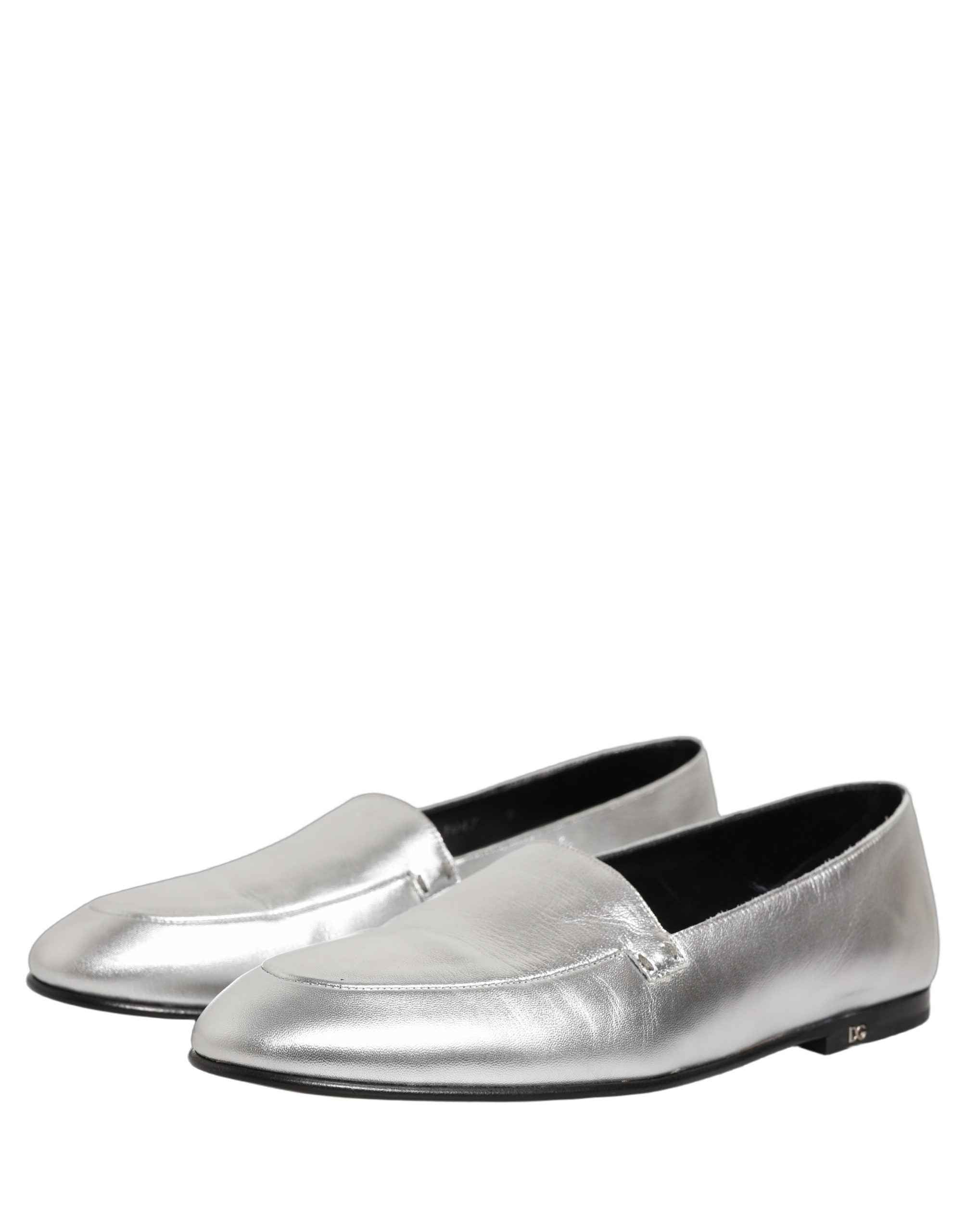 Dolce & Gabbana Silver Leather DG Logo Slip On Loafers Shoes