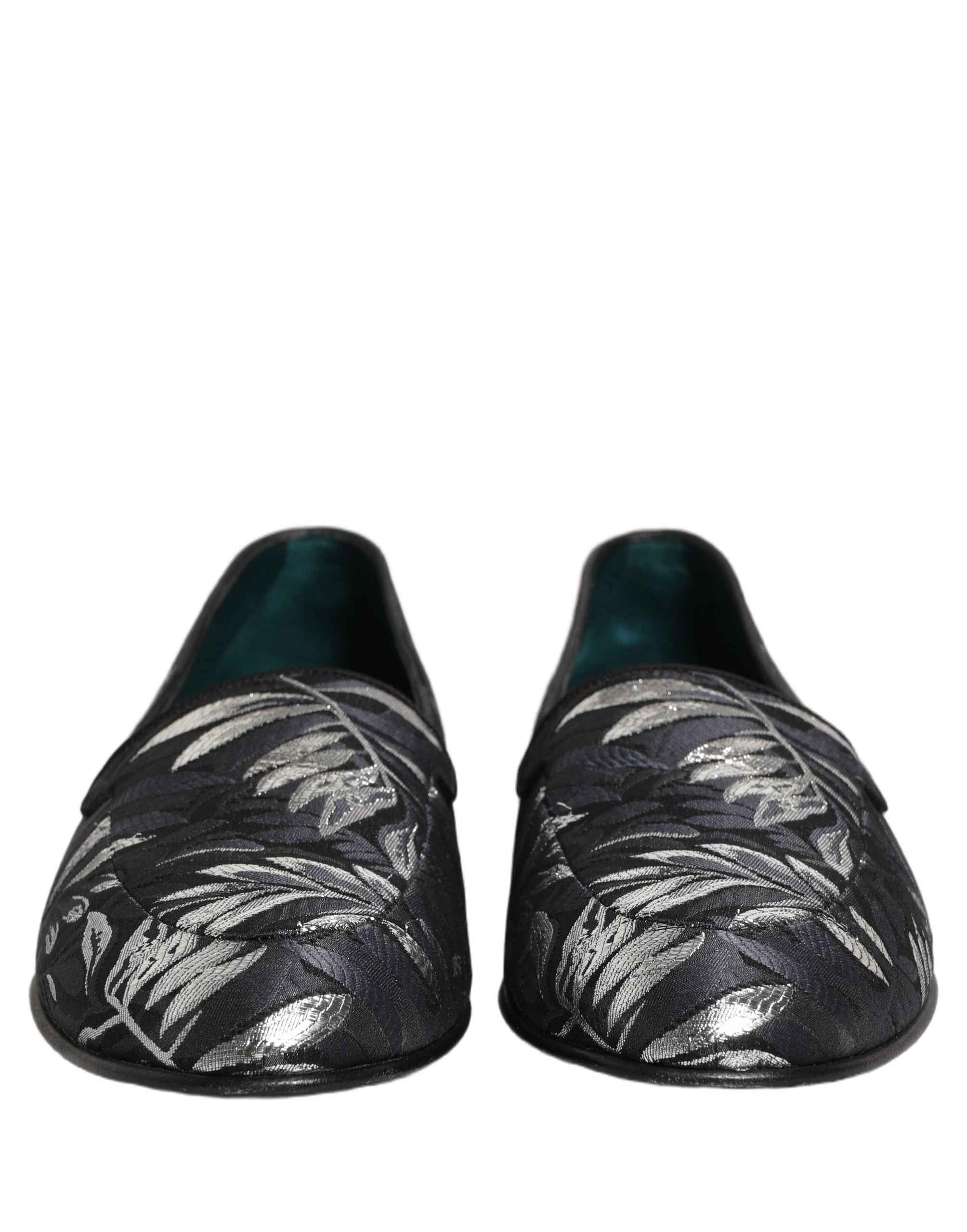 Dolce & Gabbana Black Leaf Embroidery Dress Men Loafers Shoes