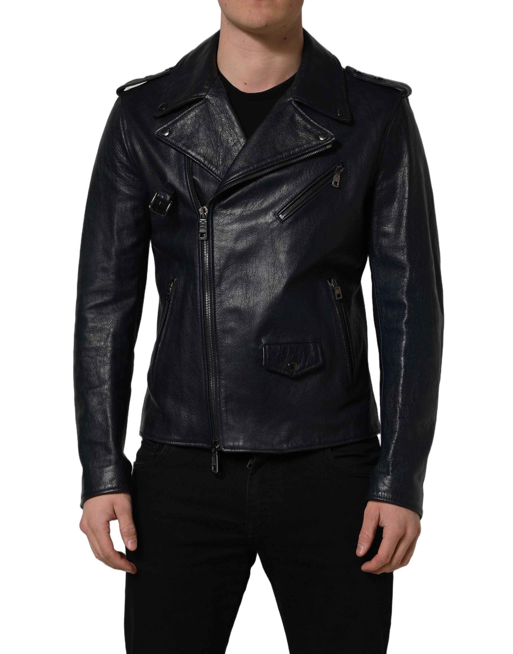 Dolce & Gabbana Black Leather Men Biker Coat Goatskin Jacket