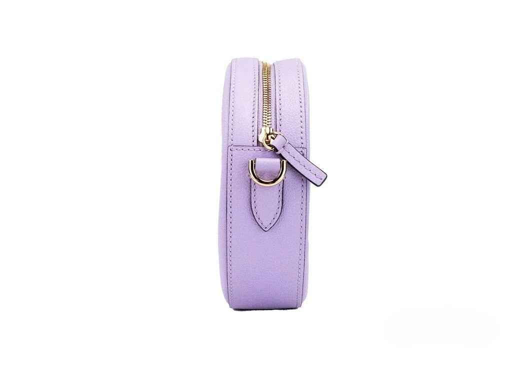 Versace Round Disco Lilac Pebbled Leather Camera Case Crossbody Bag Purse