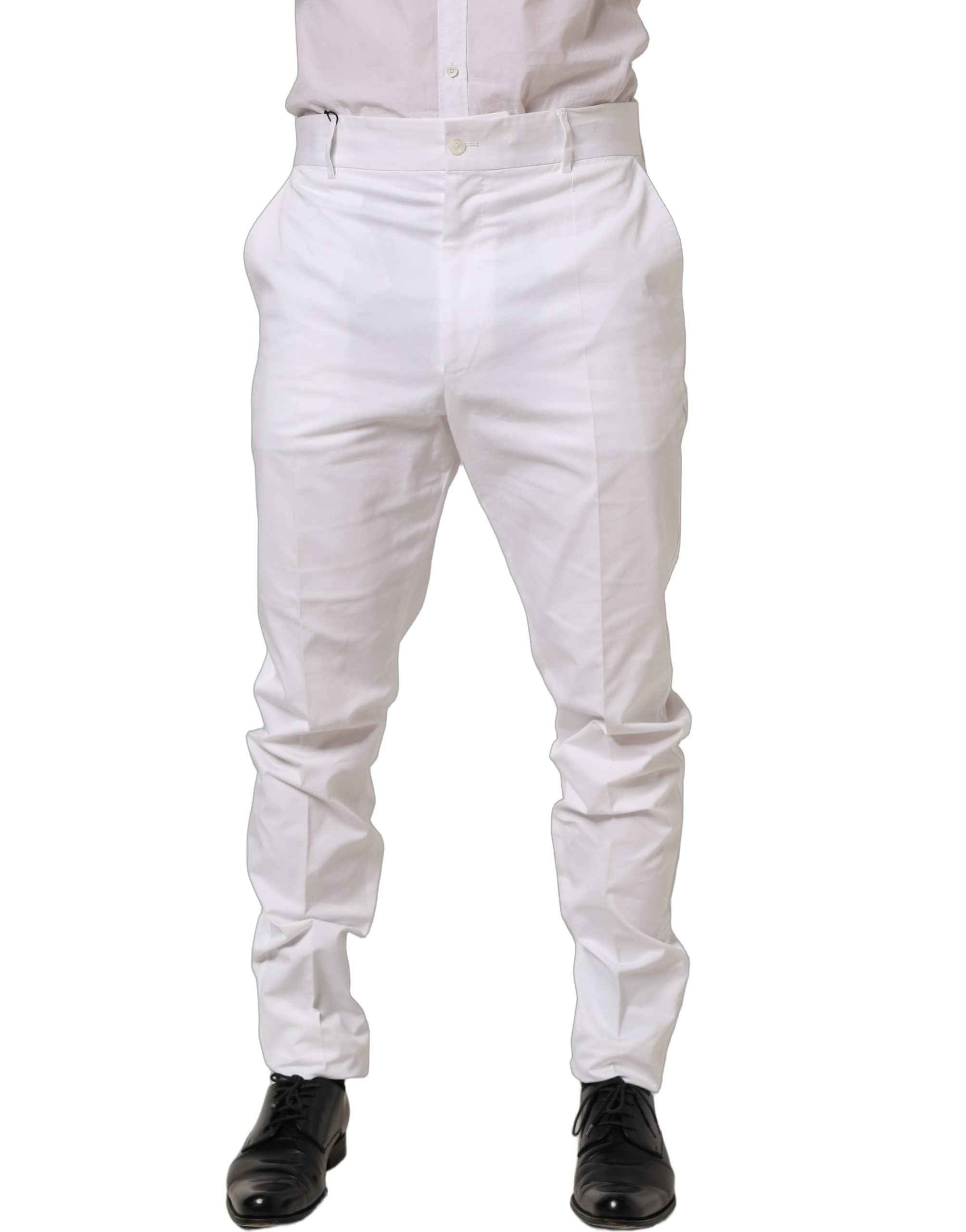 Dolce & Gabbana White Cotton Tapered Leg Dress Trouser Pants