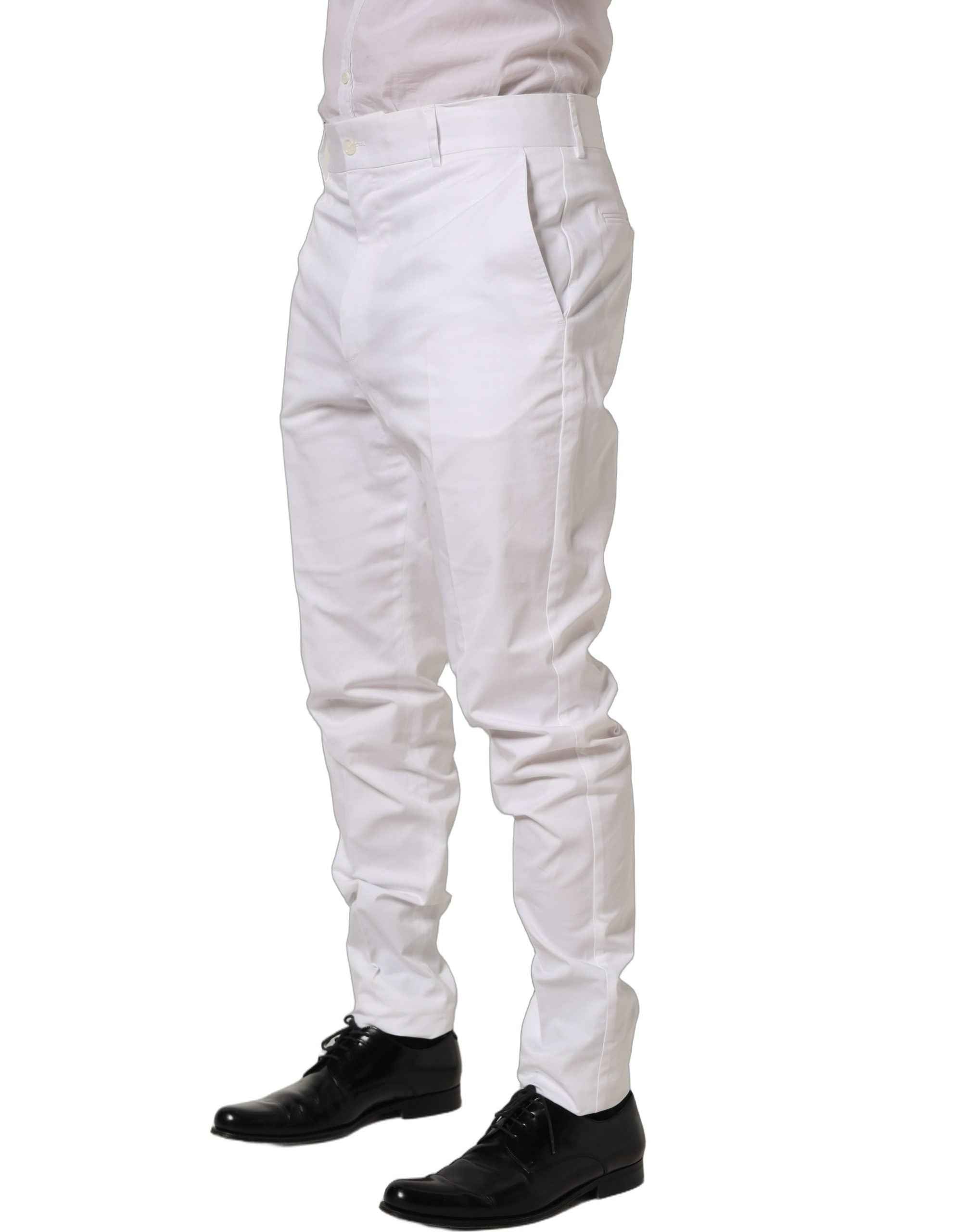 Dolce & Gabbana White Cotton Tapered Leg Dress Trouser Pants