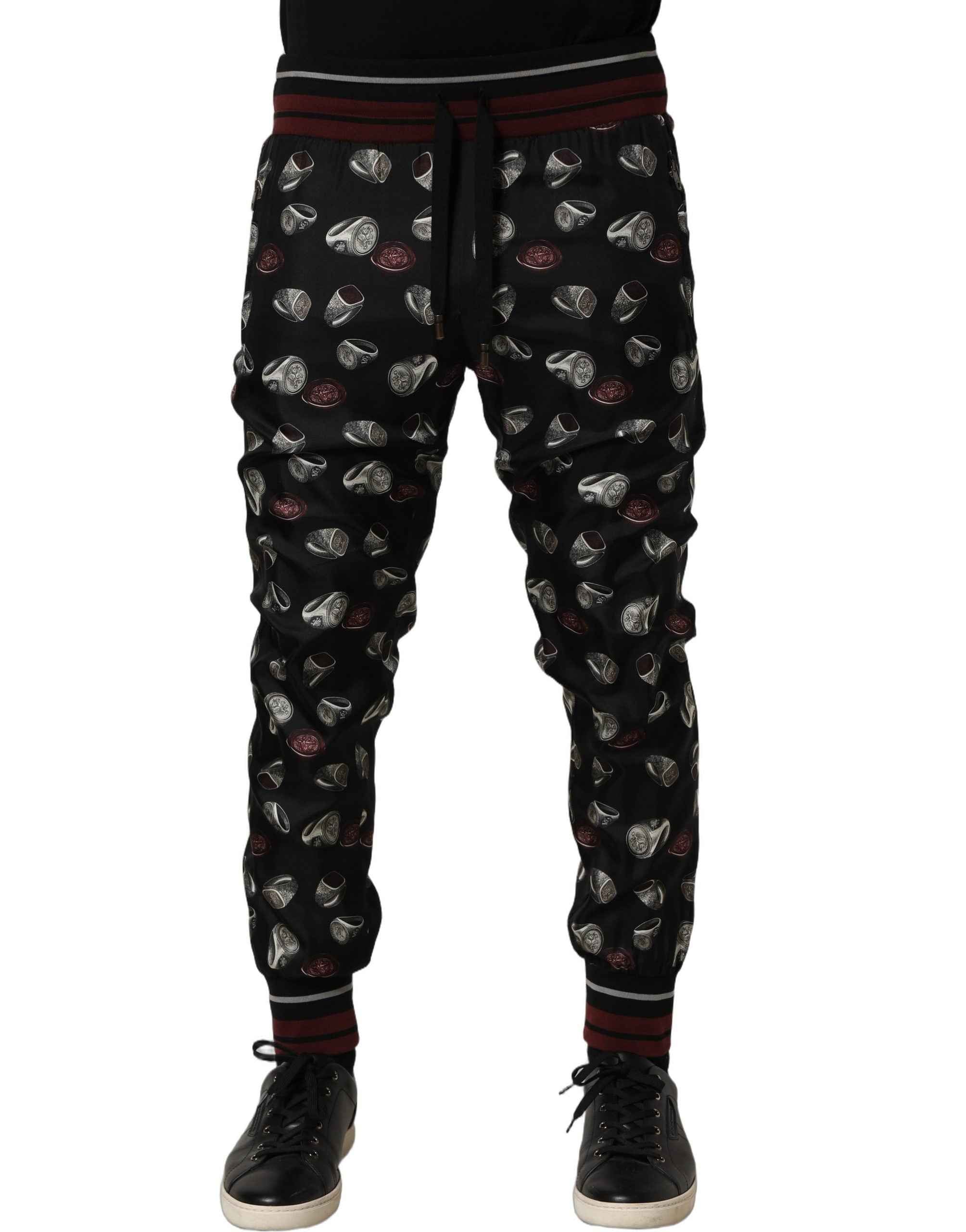 Dolce & Gabbana Pants Black Ring Print Silk Jogging Trousers
