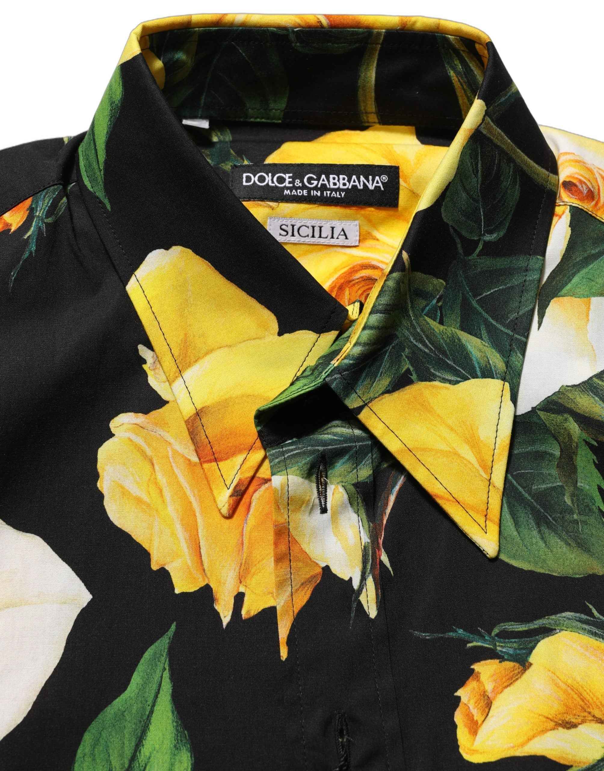 Dolce & Gabbana Black Floral Stretch Cotton SICILIA Fit Dress Shirt