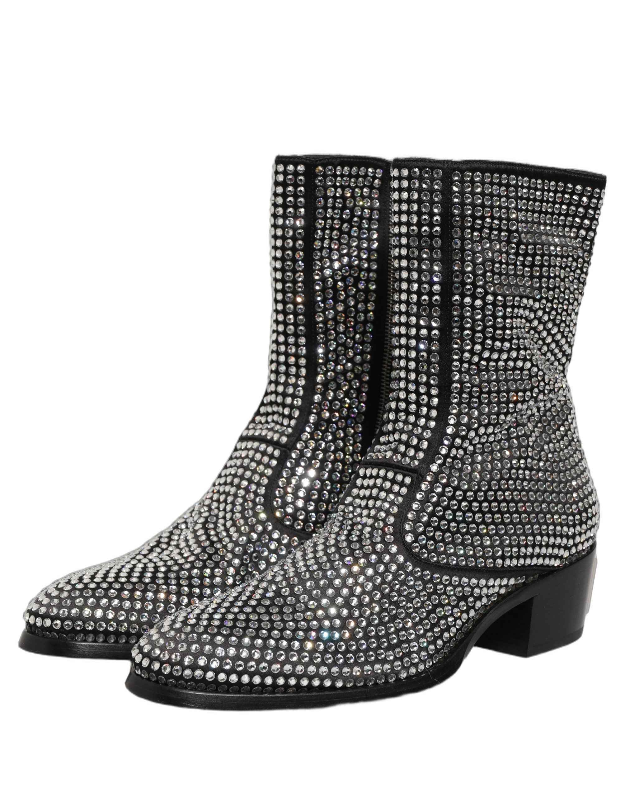 Dolce & Gabbana Black Crystal Embellished Ankle Boots Shoes