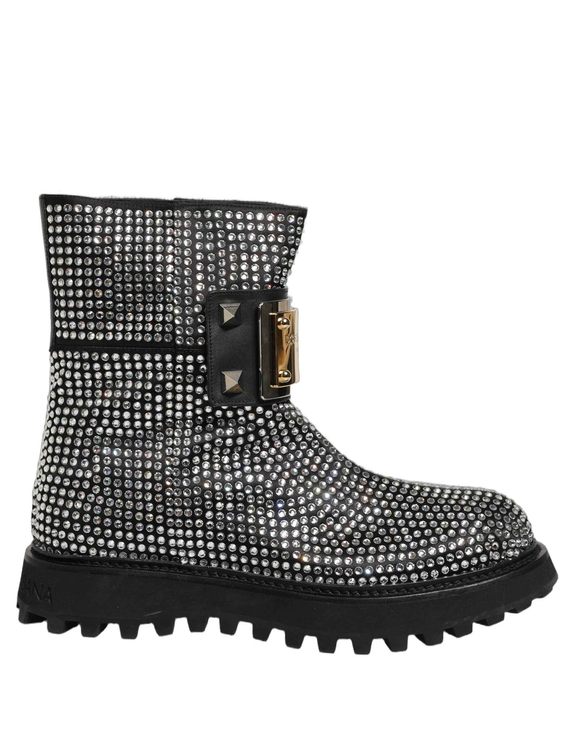 Dolce & Gabbana Black Crystal Embellished Short Boots Shoes