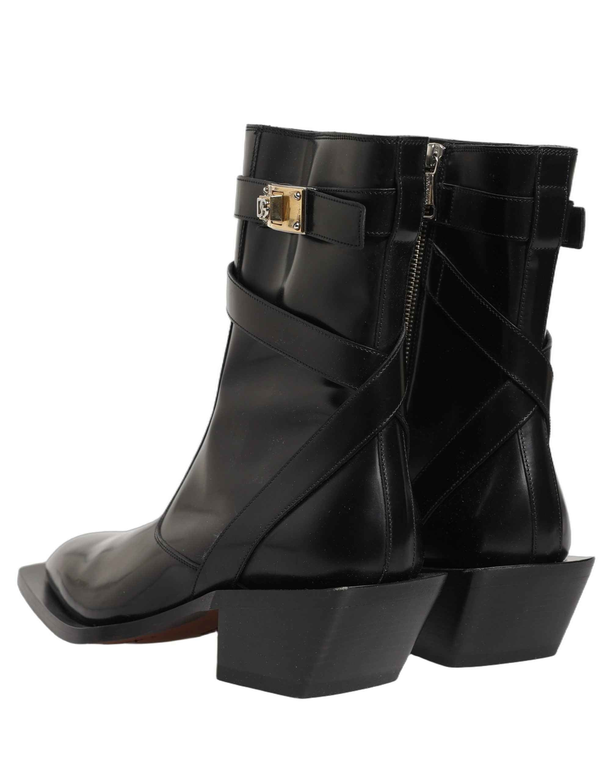 Dolce & Gabbana Black Leather DG Plaque Mid Calf Boots Shoes