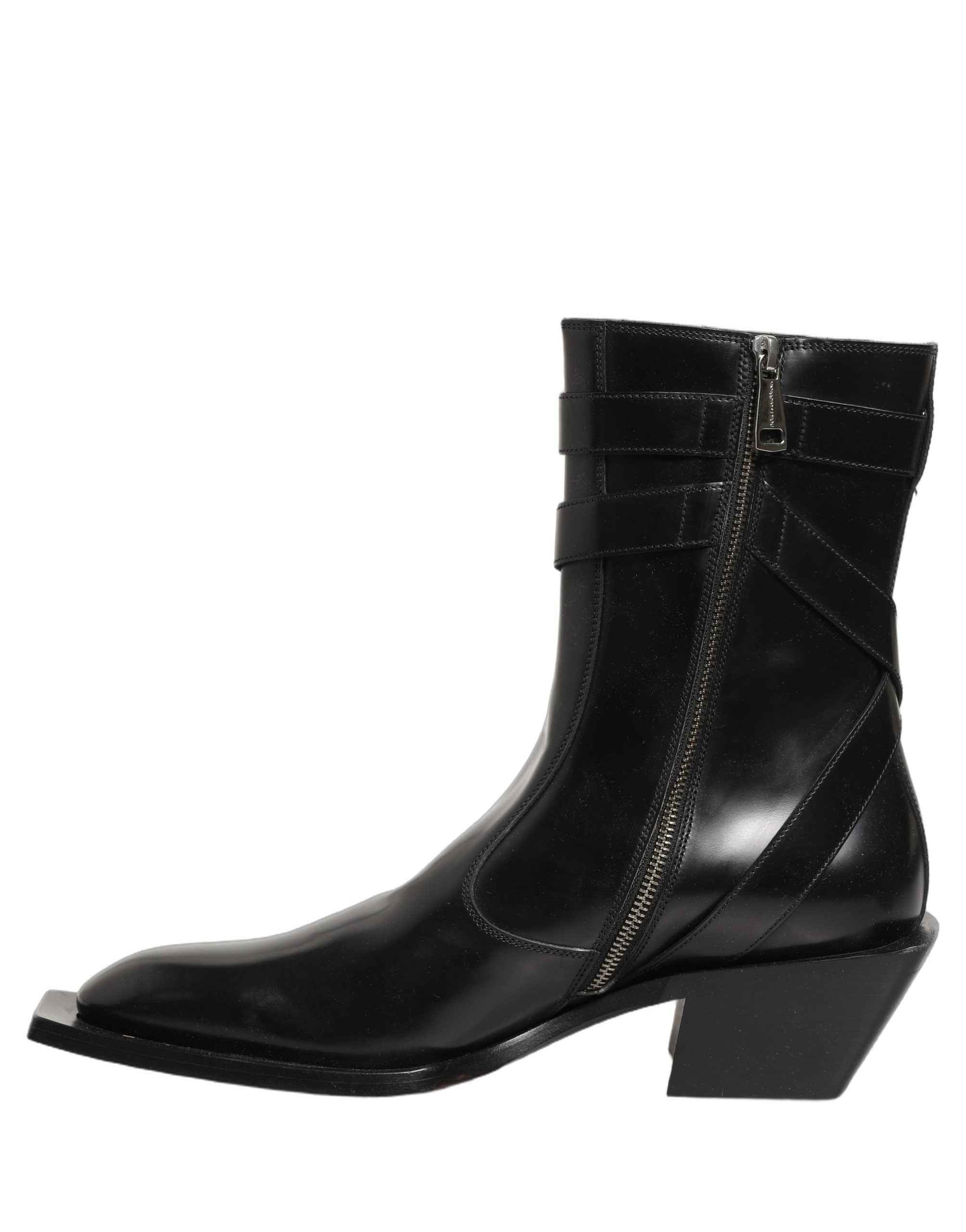 Dolce & Gabbana Black Leather DG Plaque Mid Calf Boots Shoes