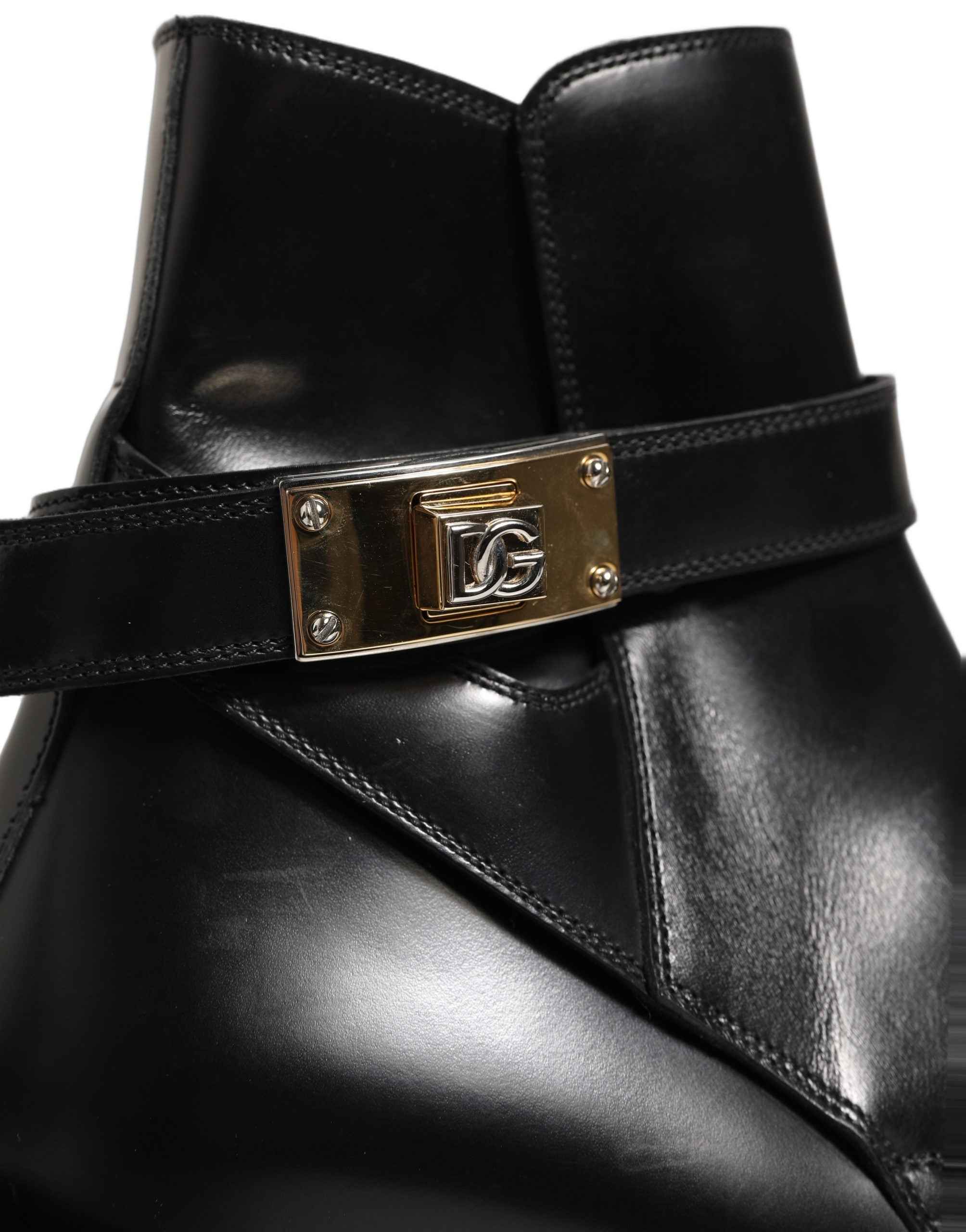 Dolce & Gabbana Black Leather DG Plaque Ankle Boots Shoes