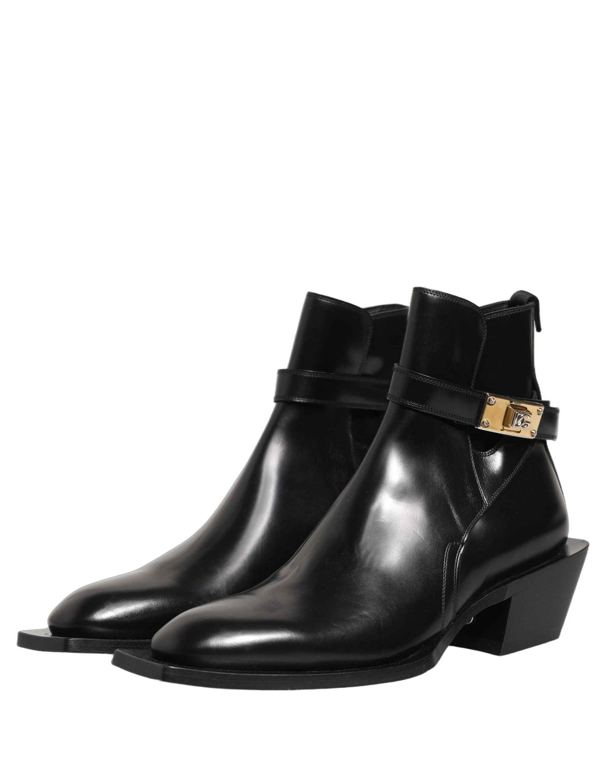 Dolce & Gabbana Black Leather DG Plaque Ankle Boots Shoes