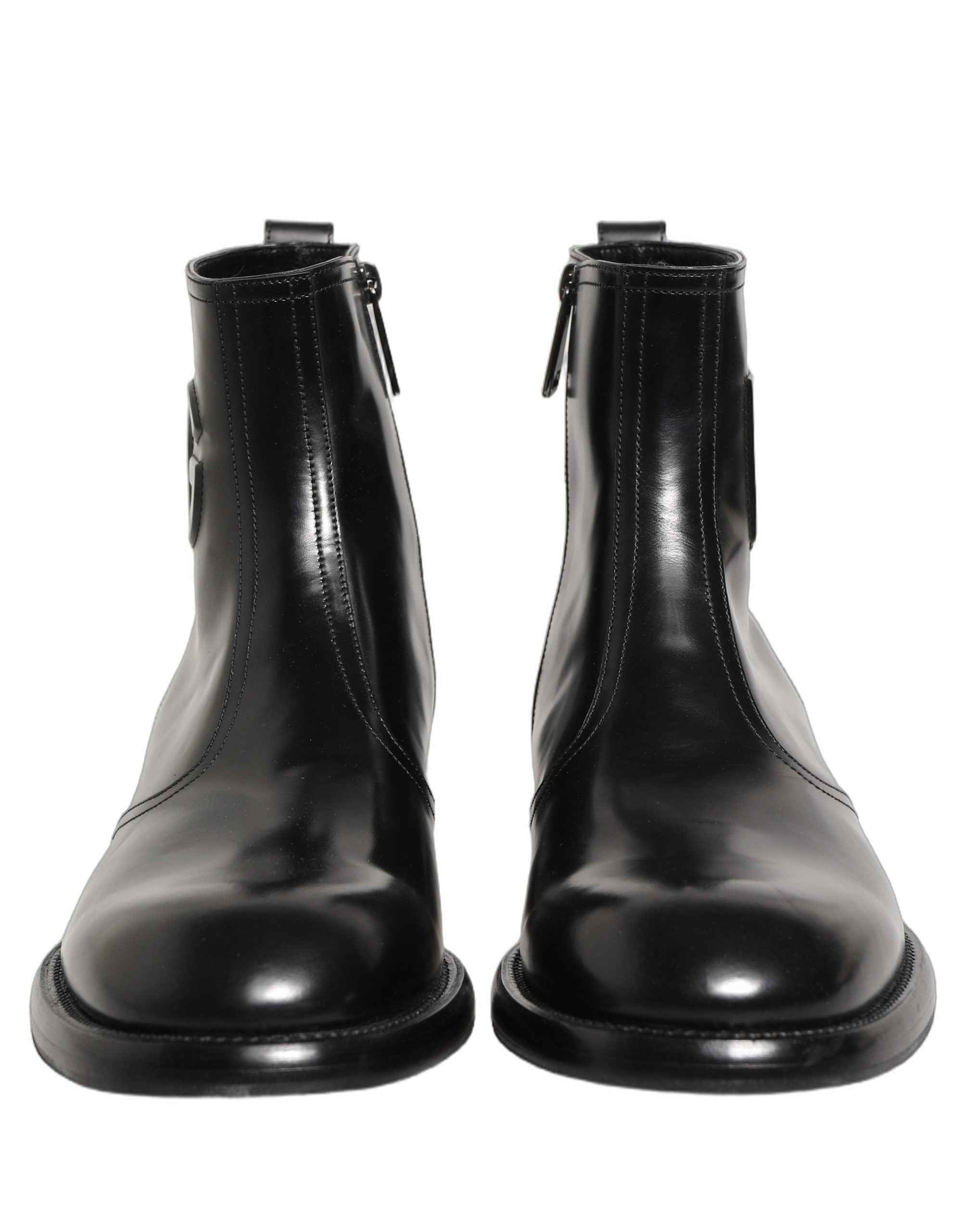 Dolce & Gabbana Black Leather Embossed Logo Ankle Boots Shoes