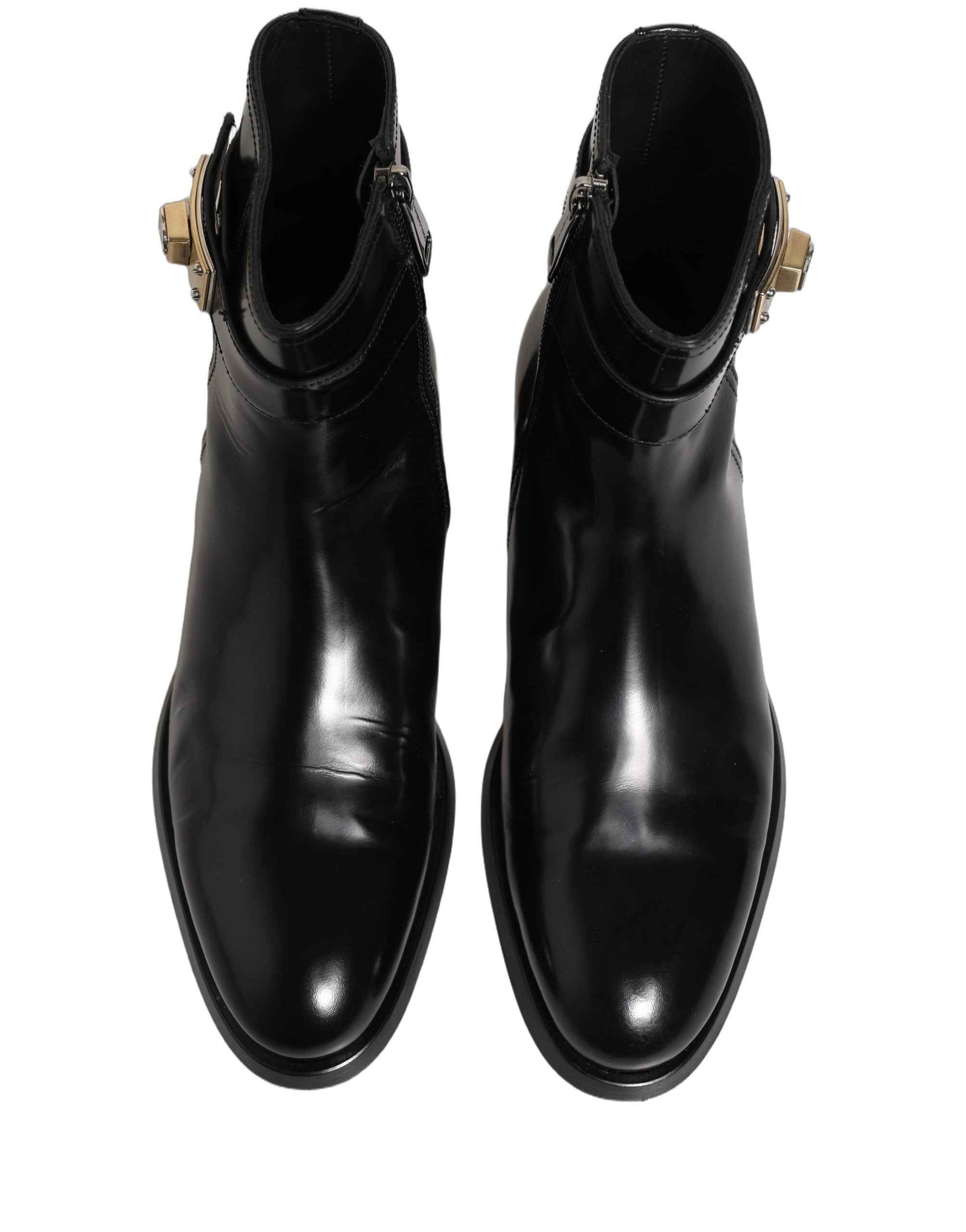 Dolce & Gabbana Black Leather Logo Buckle Mid Calf Boots Shoes