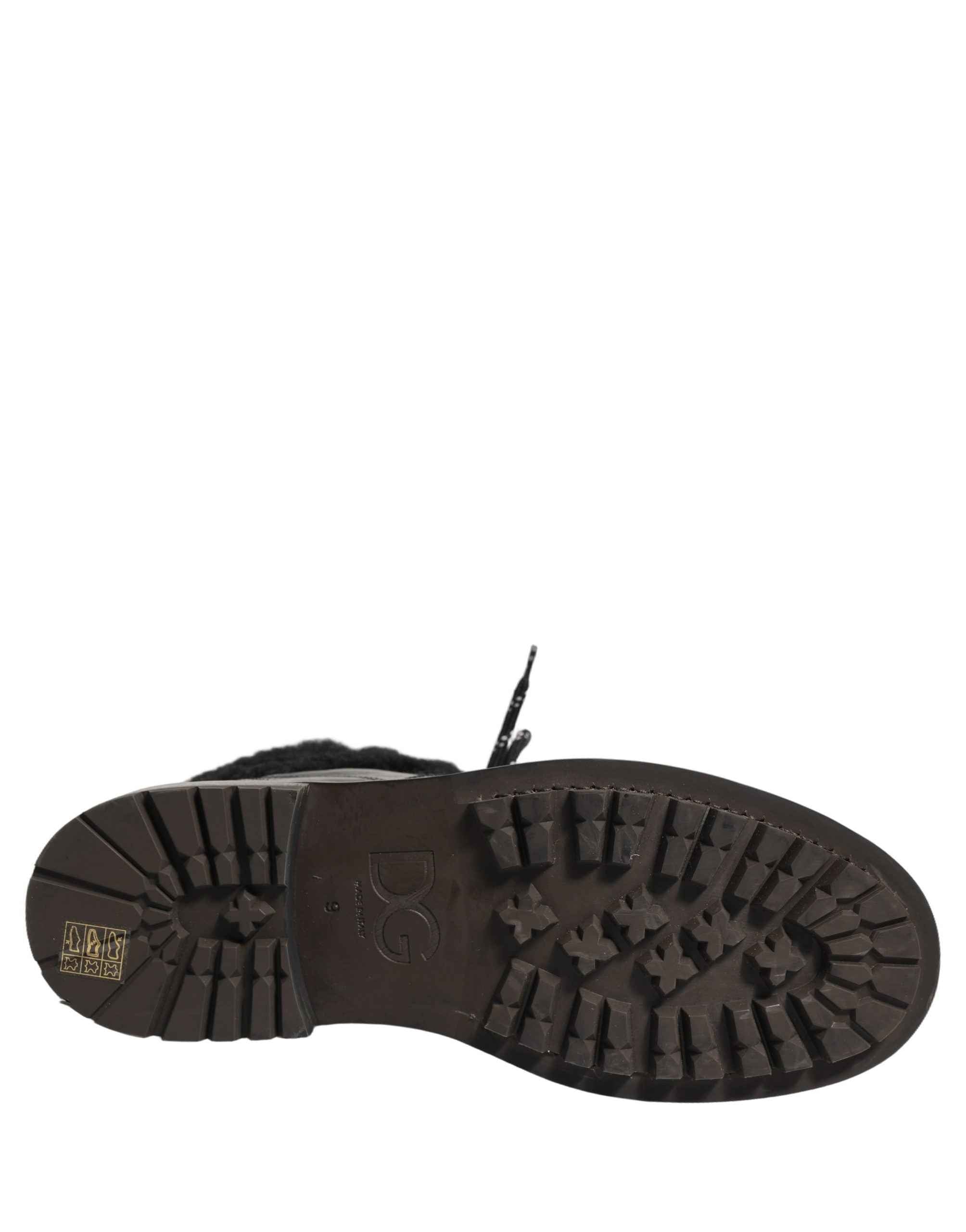 Dolce & Gabbana Black Trekking Fur Lace Leather Boots Shoes