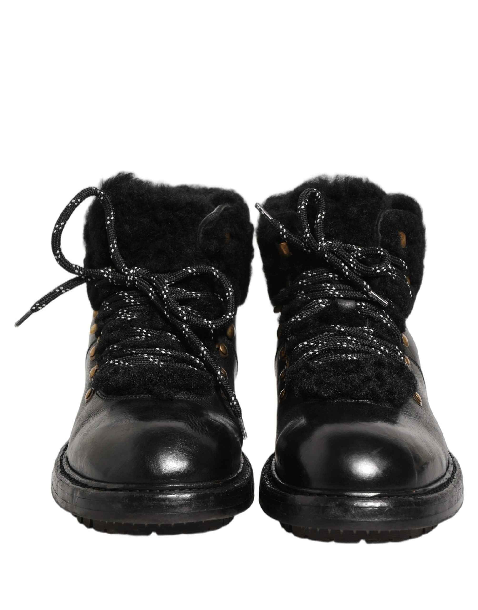 Dolce & Gabbana Black Trekking Fur Lace Leather Boots Shoes