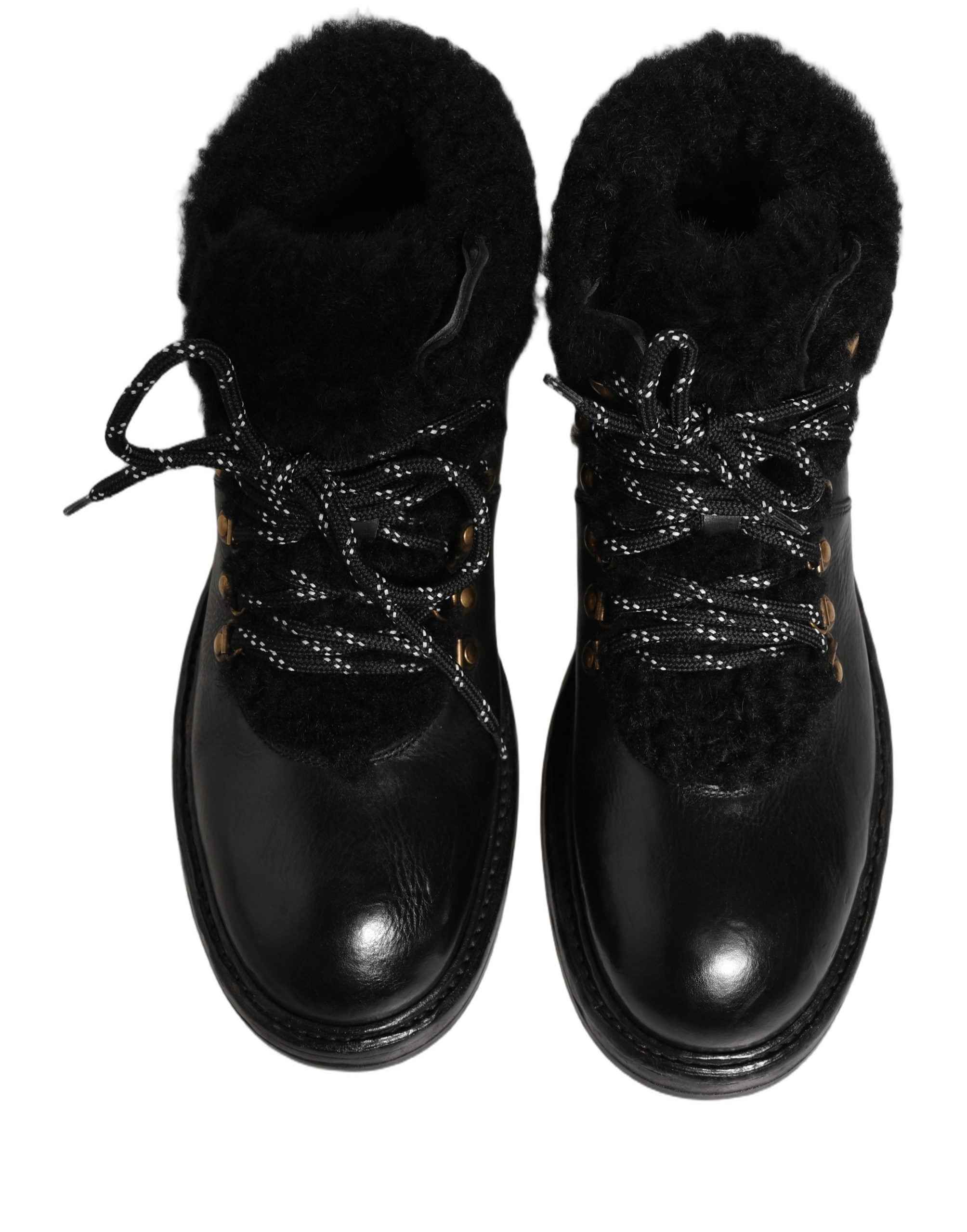 Dolce & Gabbana Black Trekking Fur Lace Leather Boots Shoes