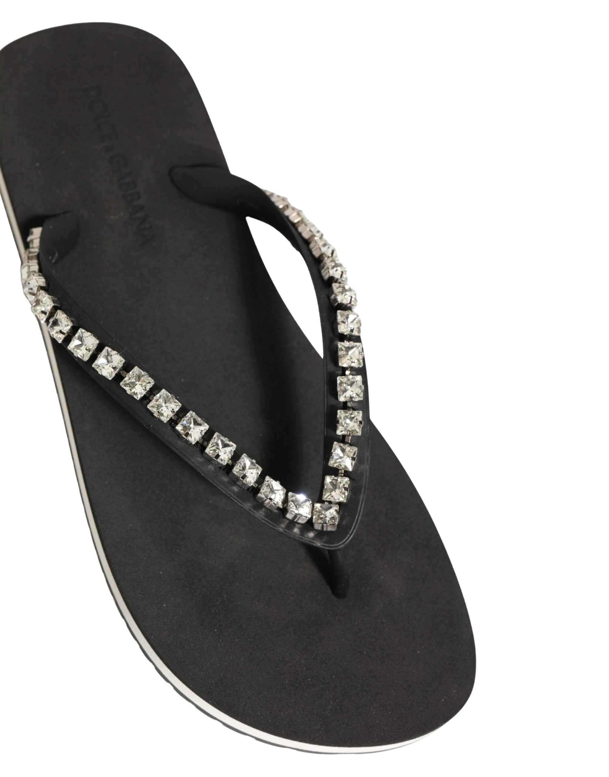 Dolce & Gabbana Black Embellished Rubber Flip Flops Men Shoes