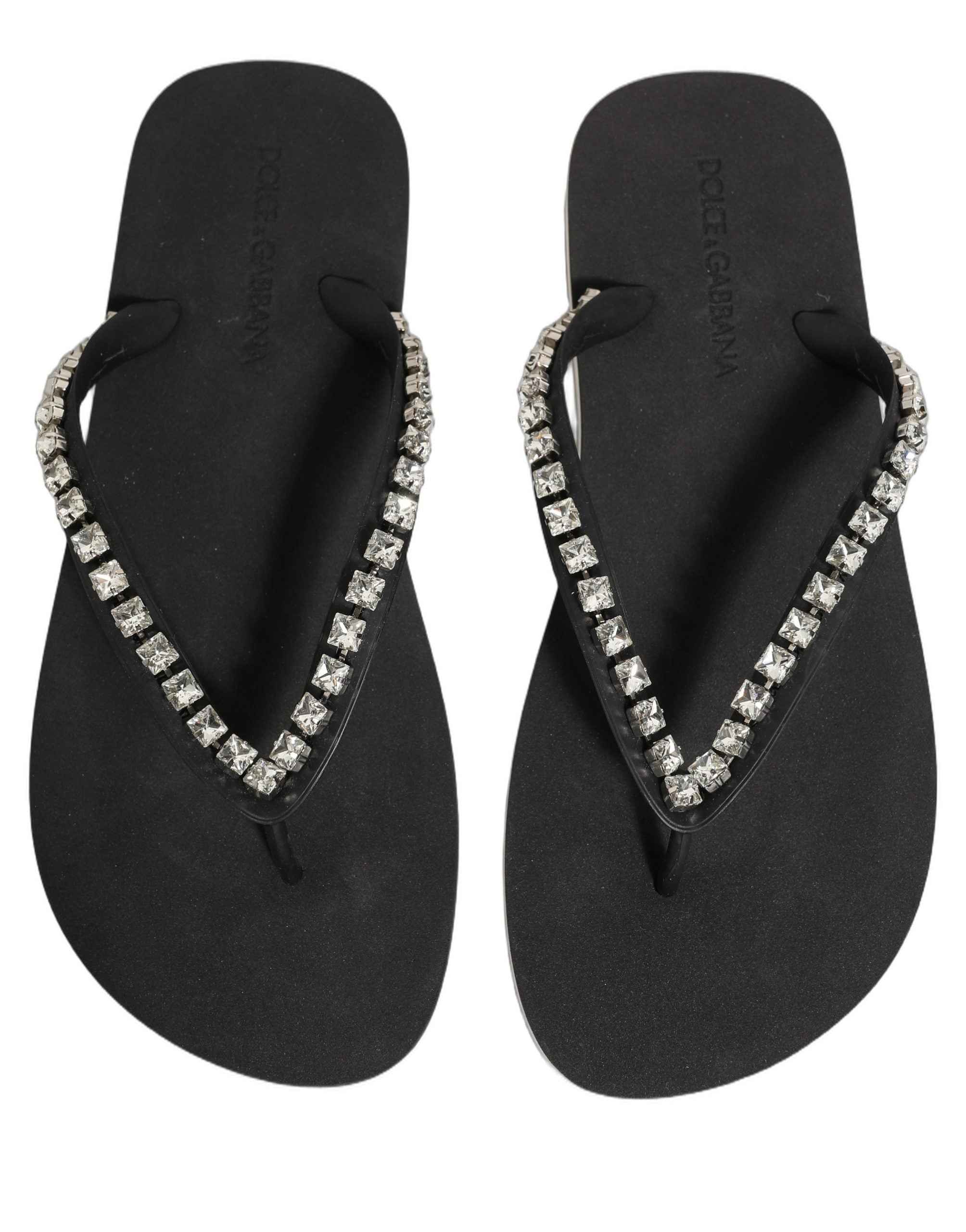 Dolce & Gabbana Black Embellished Rubber Flip Flops Men Shoes