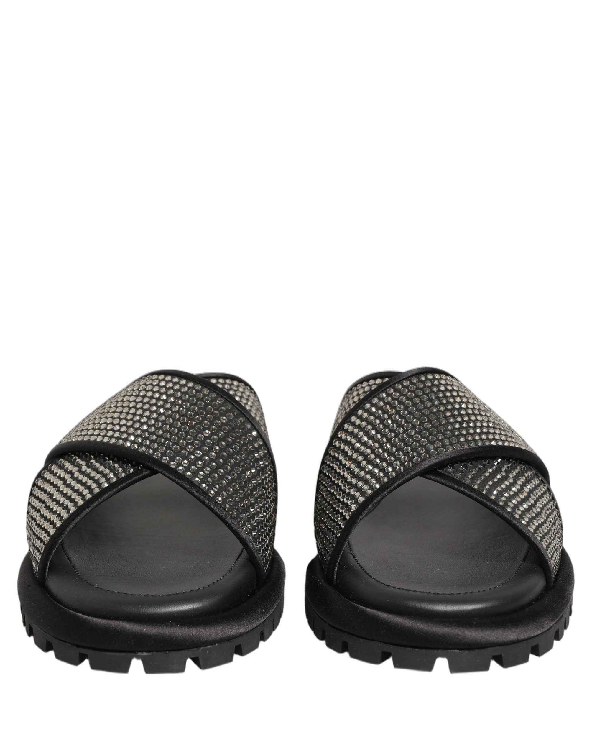Dolce & Gabbana Black Strass Criss Cross Slide Sandals Shoes