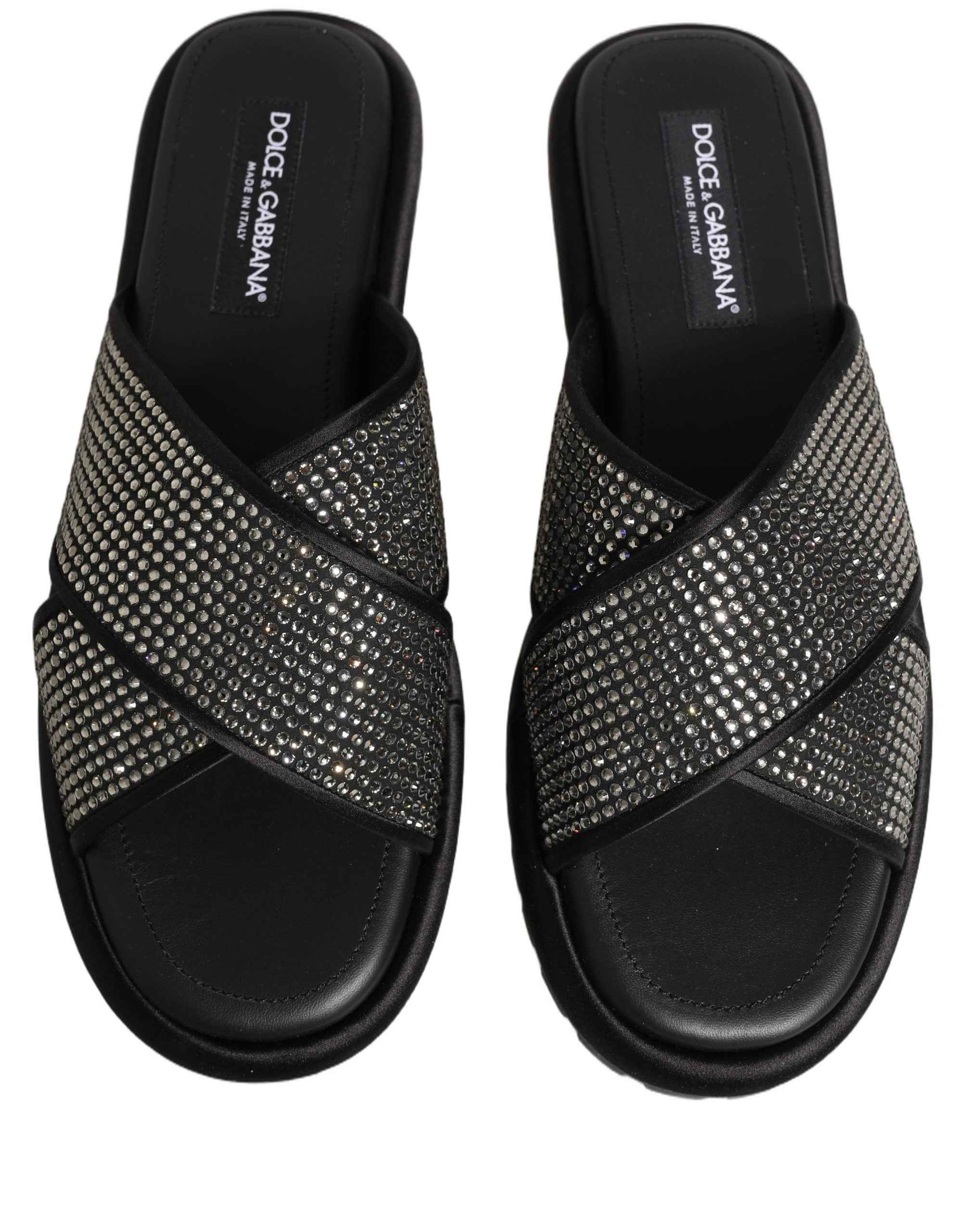 Dolce & Gabbana Black Strass Criss Cross Slide Sandals Shoes