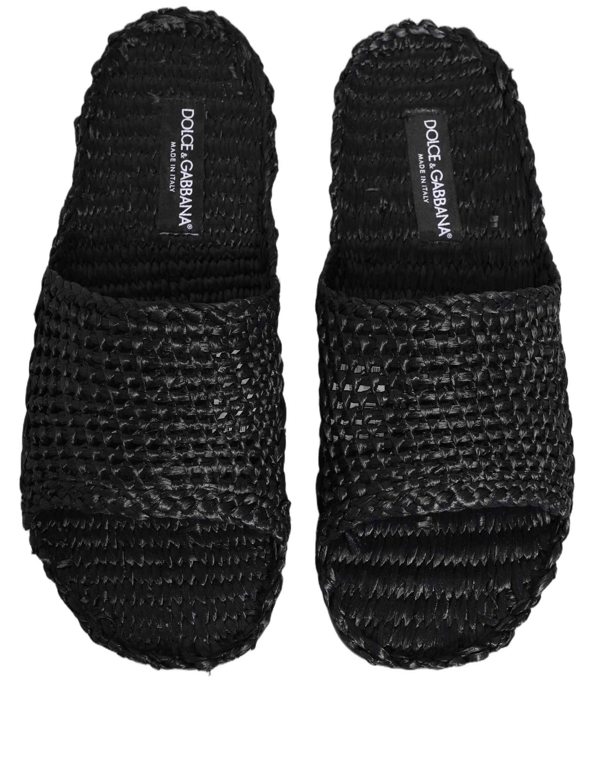 Dolce & Gabbana Black Straw Raffia Slides Sandals Flats Shoes