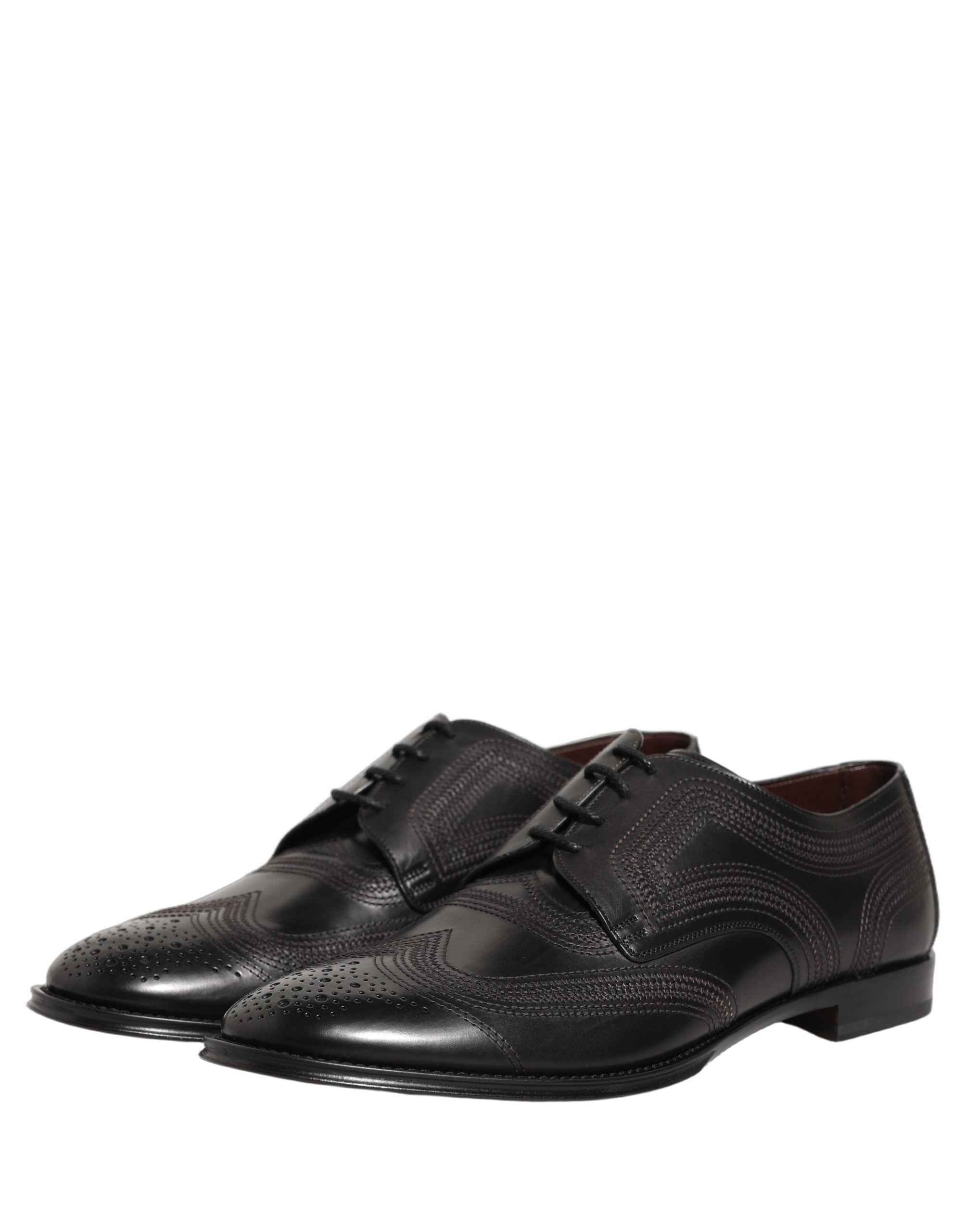 Dolce & Gabbana Black Embroidered Leather Derby Dress Shoes