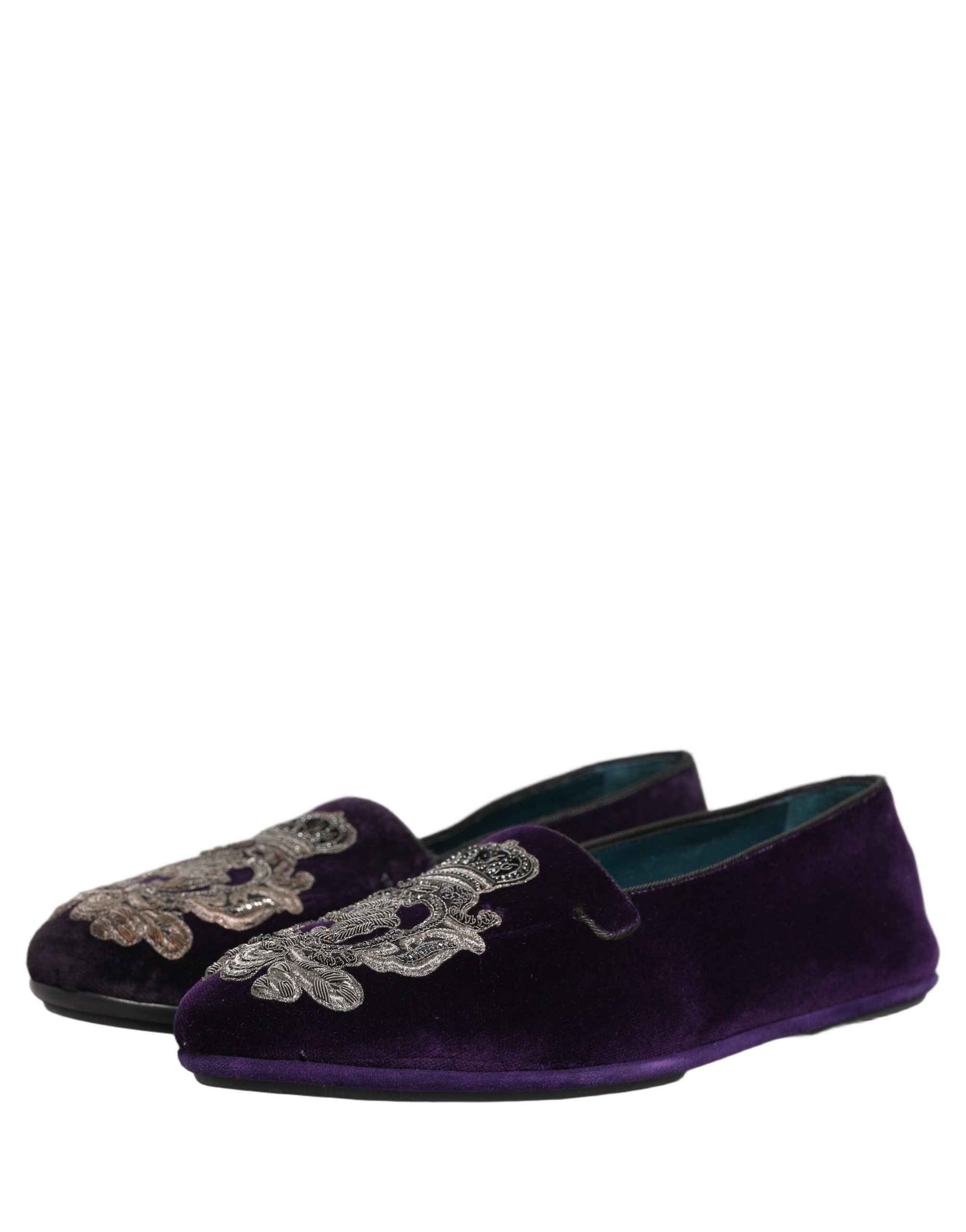 Dolce & Gabbana Purple Velvet Crown Embroidery Loafers Shoes