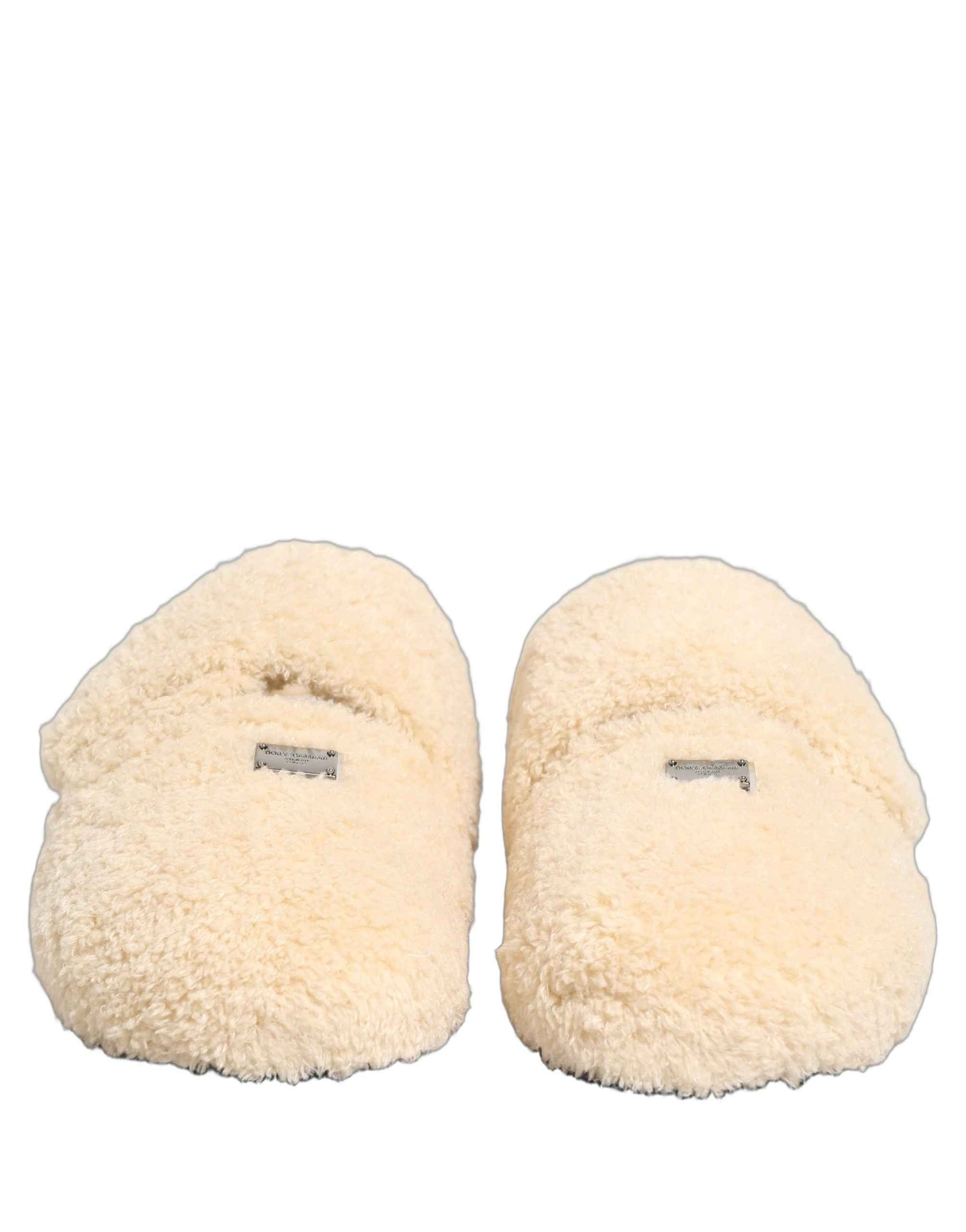 Dolce & Gabbana Beige Faux Fur Flats Men Slides Sandals Shoes