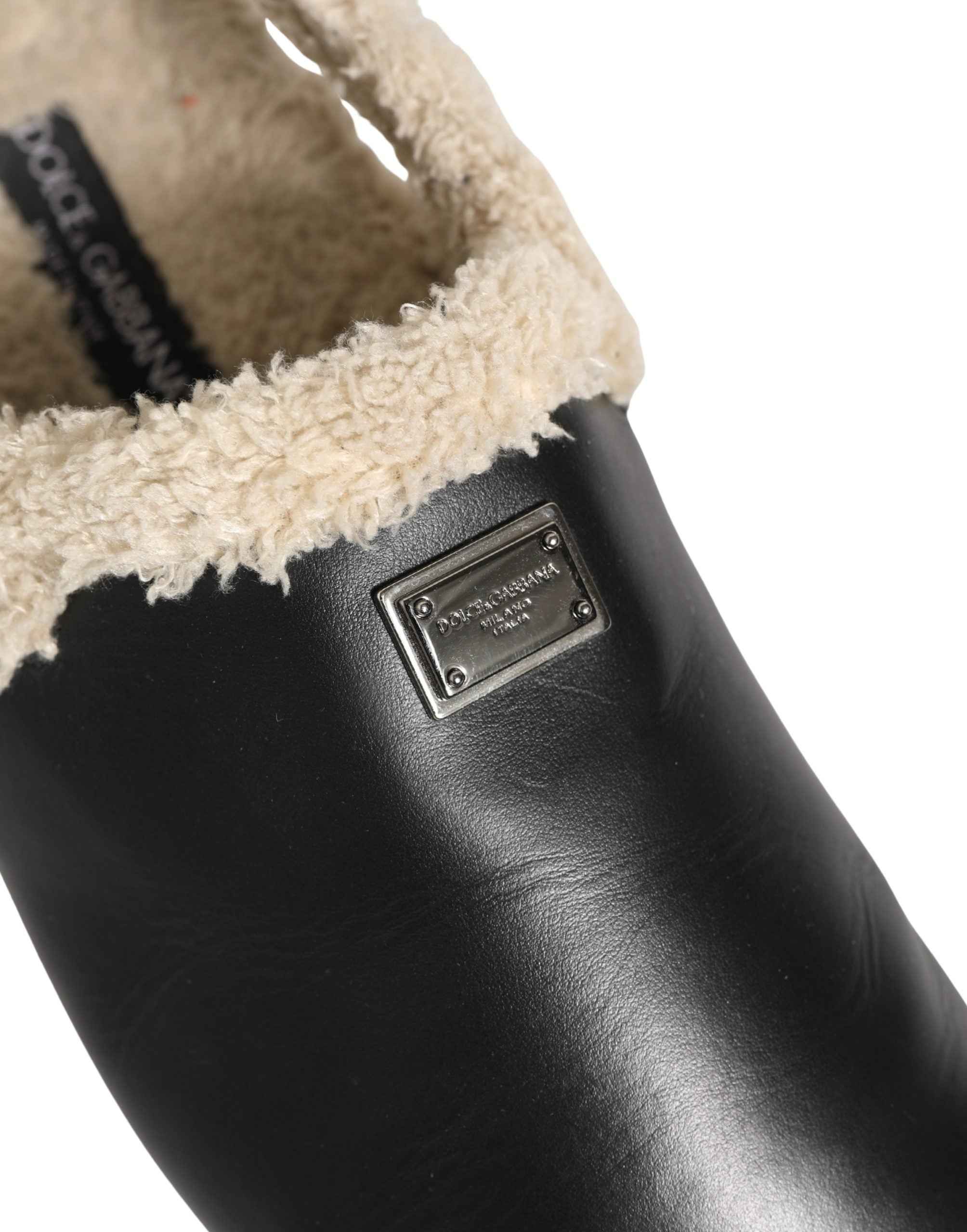 Dolce & Gabbana Beige Black Fur Shearling Slides Sandals Shoes