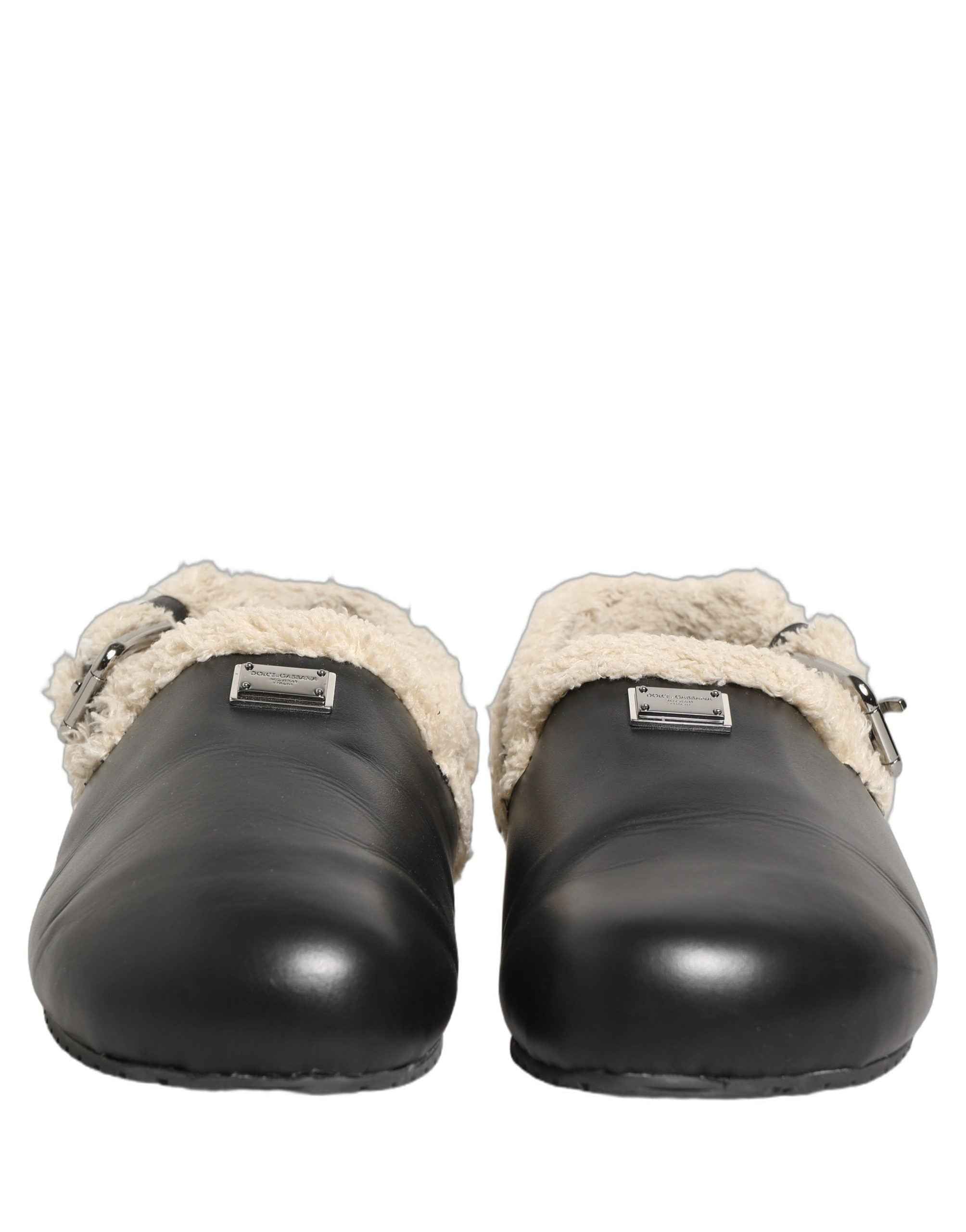 Dolce & Gabbana Beige Black Fur Shearling Slides Sandals Shoes