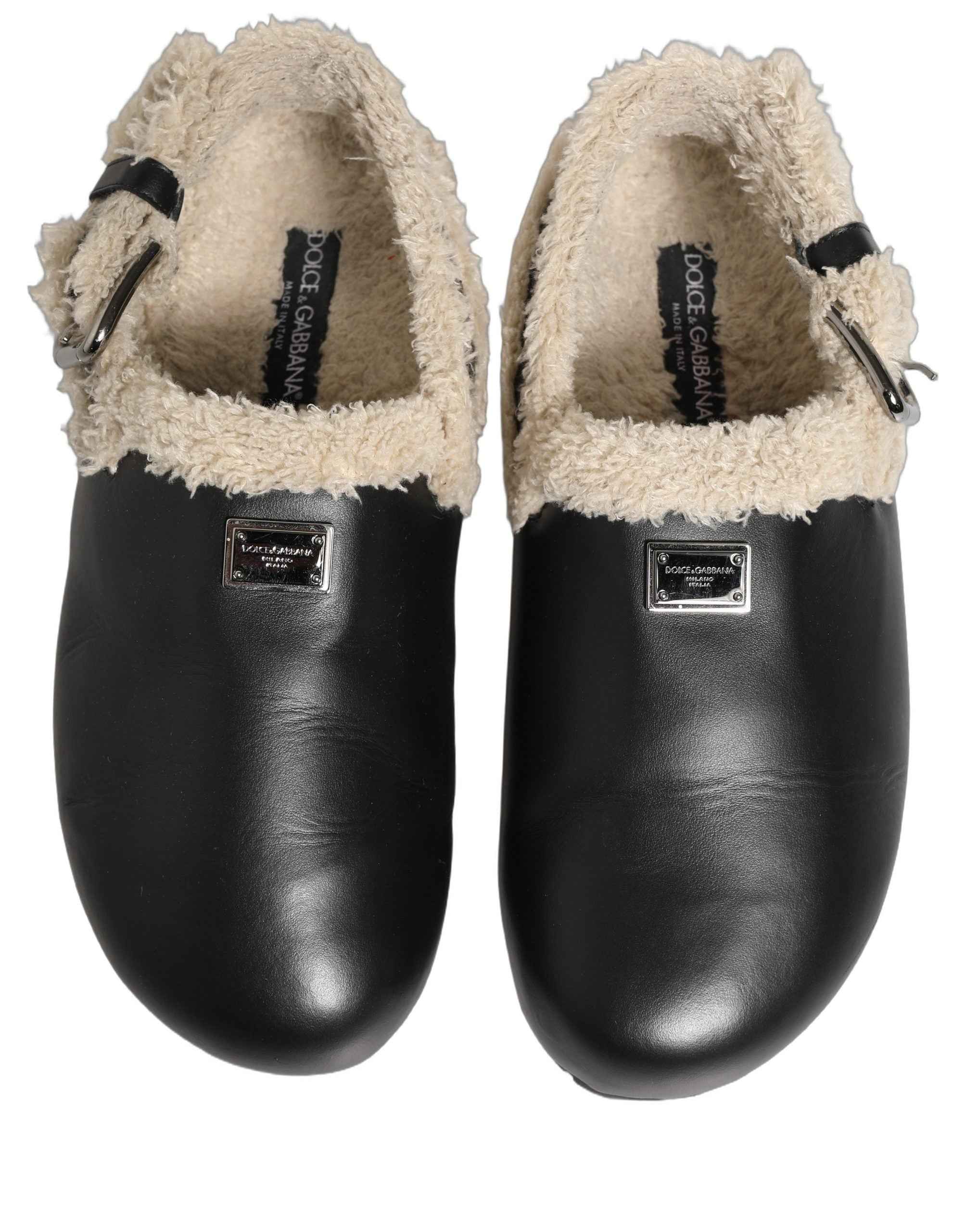 Dolce & Gabbana Beige Black Fur Shearling Slides Sandals Shoes